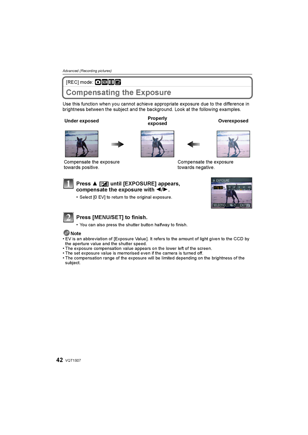 Panasonic DMC-FX38 Compensating the Exposure, Press 3 È until Exposure appears, Compensate the exposure with 2 