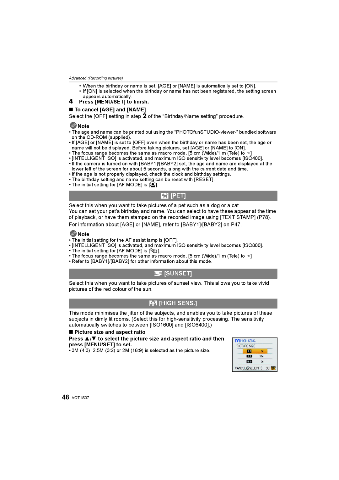 Panasonic DMC-FX38 operating instructions Pet, Sunset, High Sens, Press MENU/SET to finish To cancel AGE and Name 