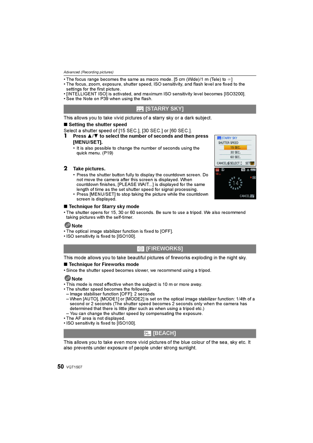 Panasonic DMC-FX38 operating instructions Starry SKY, Fireworks, Beach 