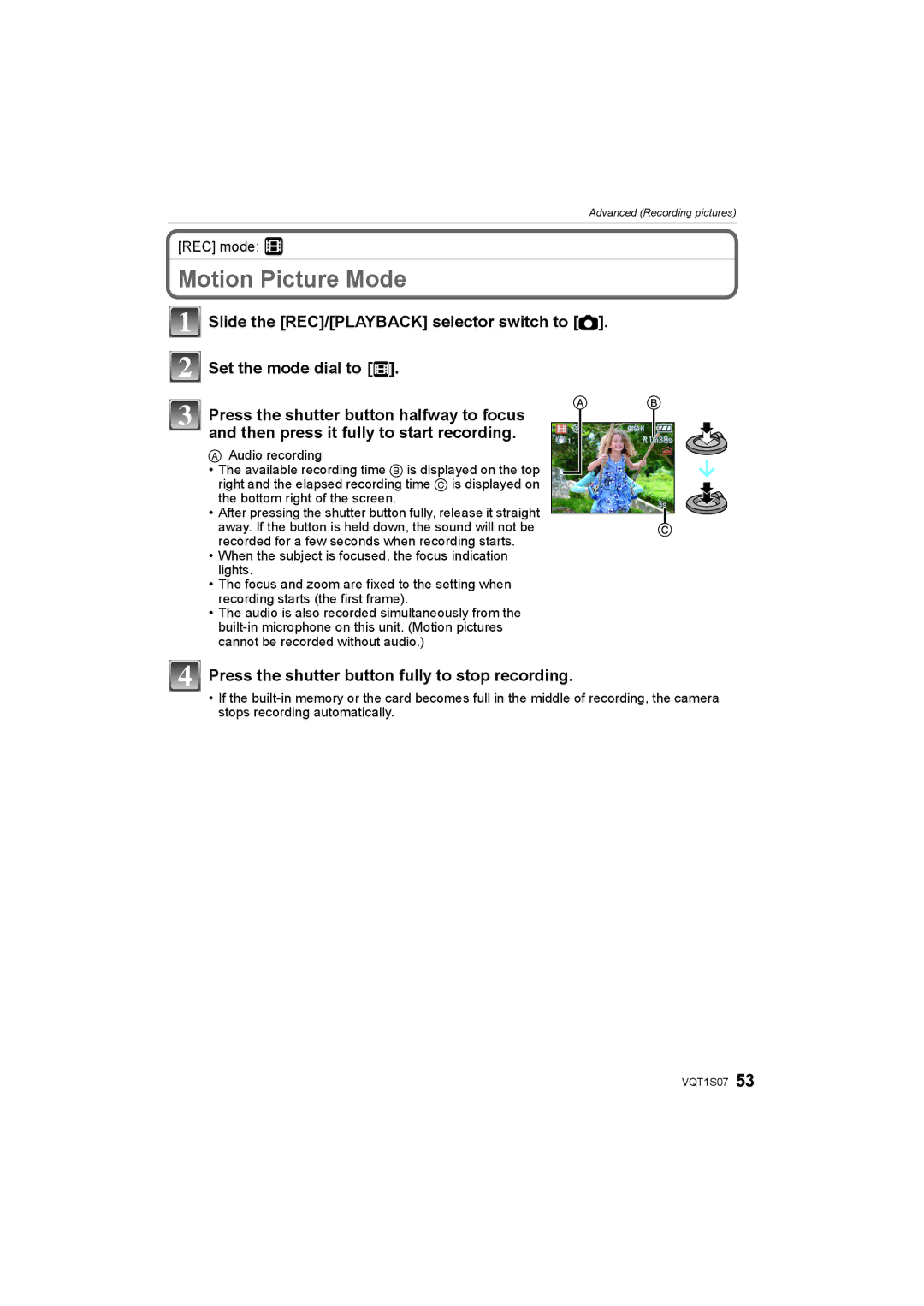 Panasonic DMC-FX38 operating instructions Motion Picture Mode, Press the shutter button fully to stop recording, REC mode n 