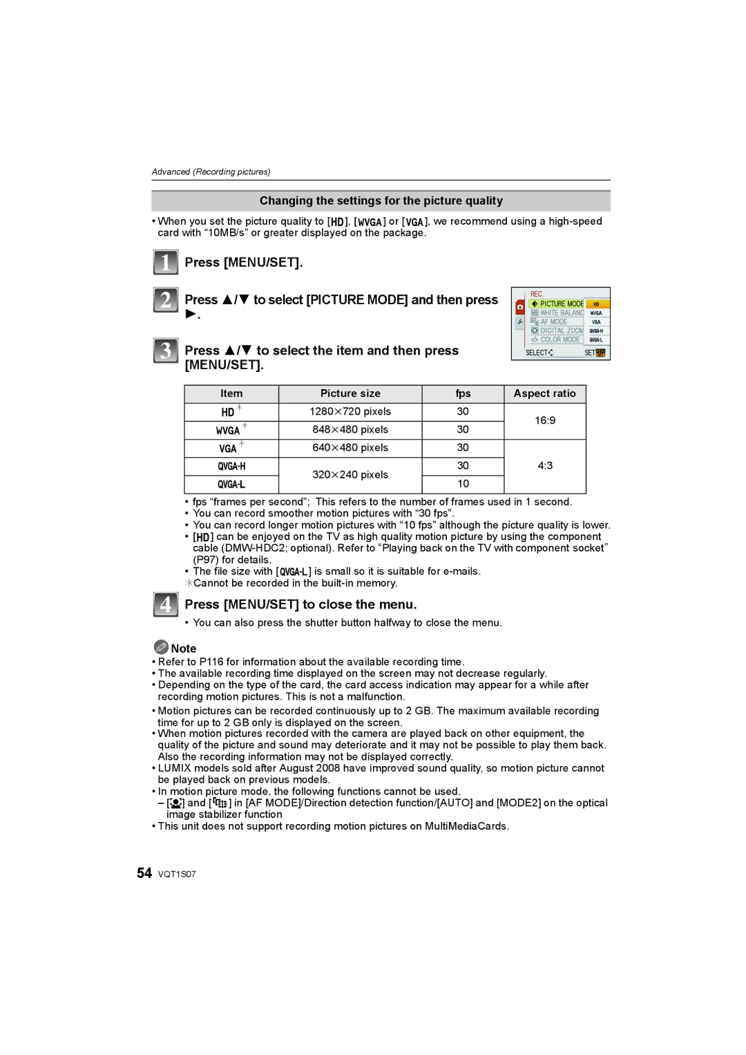 Panasonic DMC-FX38 operating instructions Press MENU/SET to close the menu, Changing the settings for the picture quality 