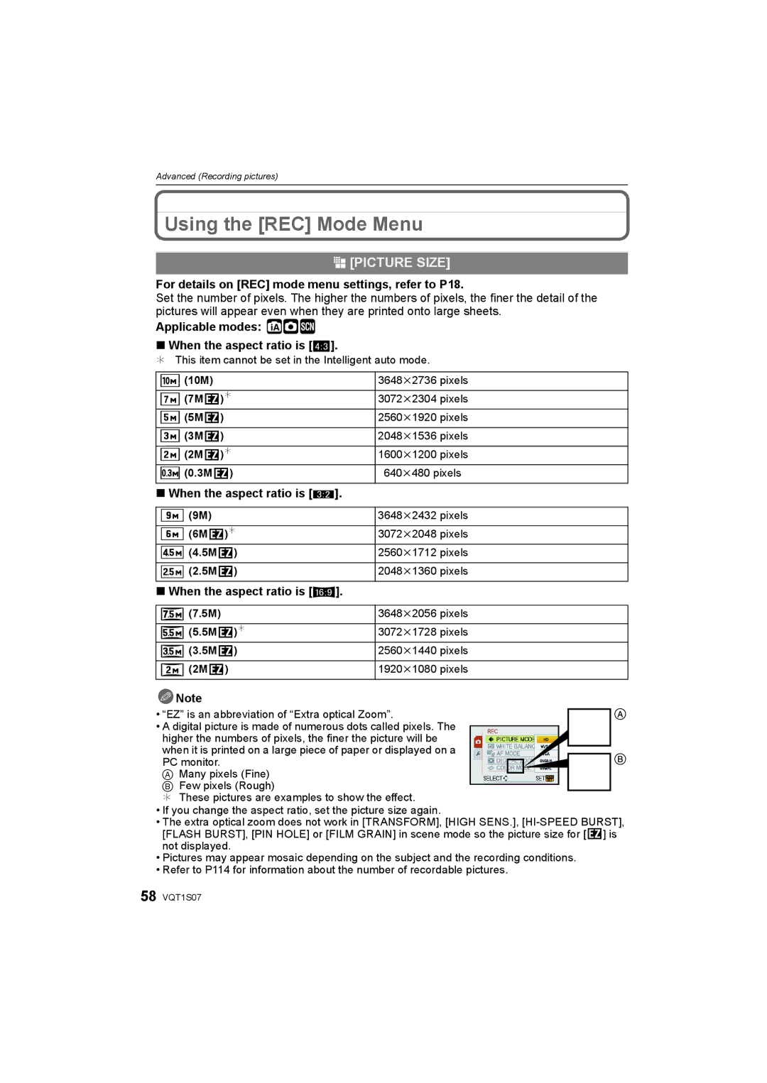 Panasonic DMC-FX38 operating instructions Using the REC Mode Menu, @ Picture Size 