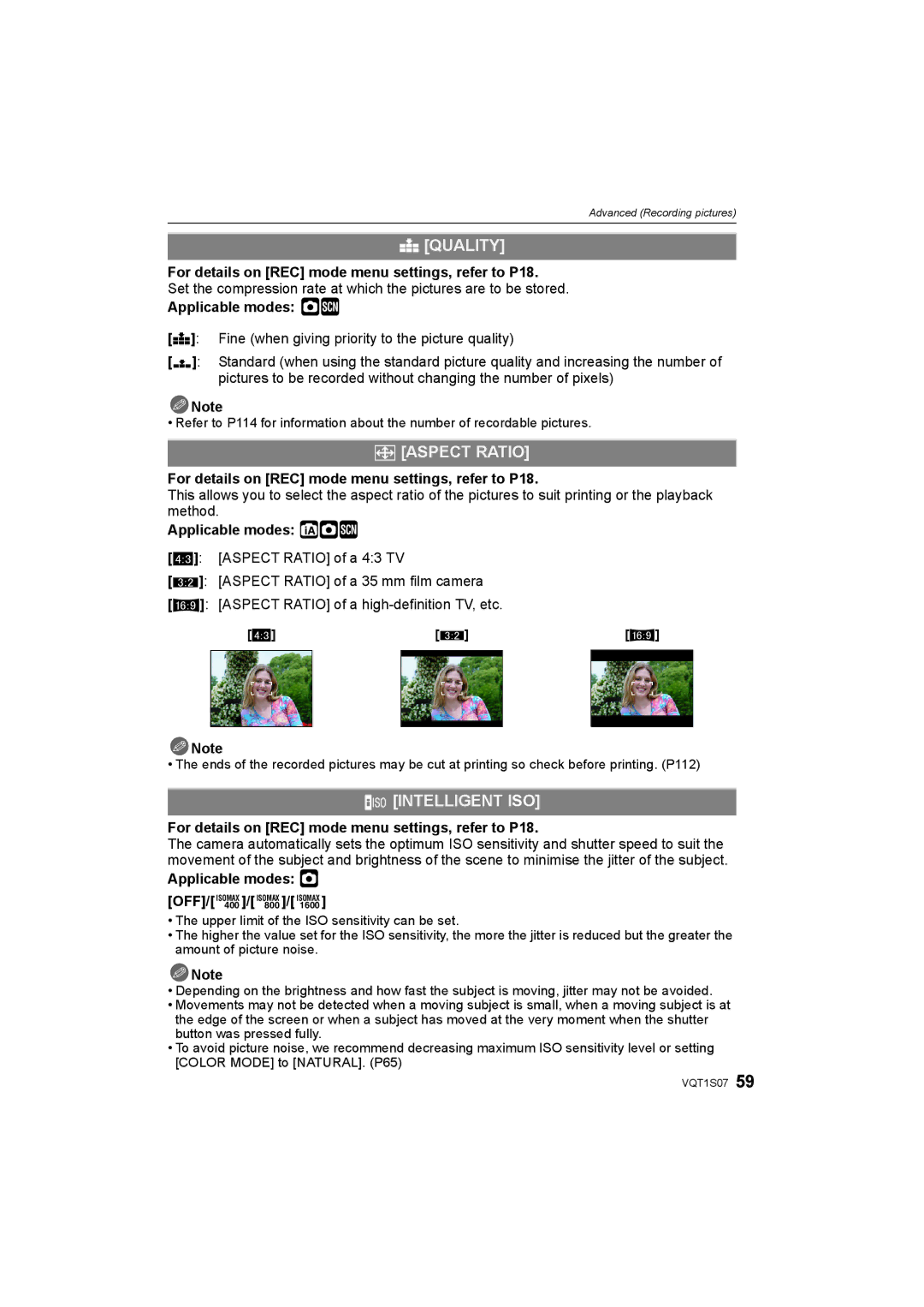 Panasonic DMC-FX38 operating instructions Quality, ? Aspect Ratio, Intelligent ISO 