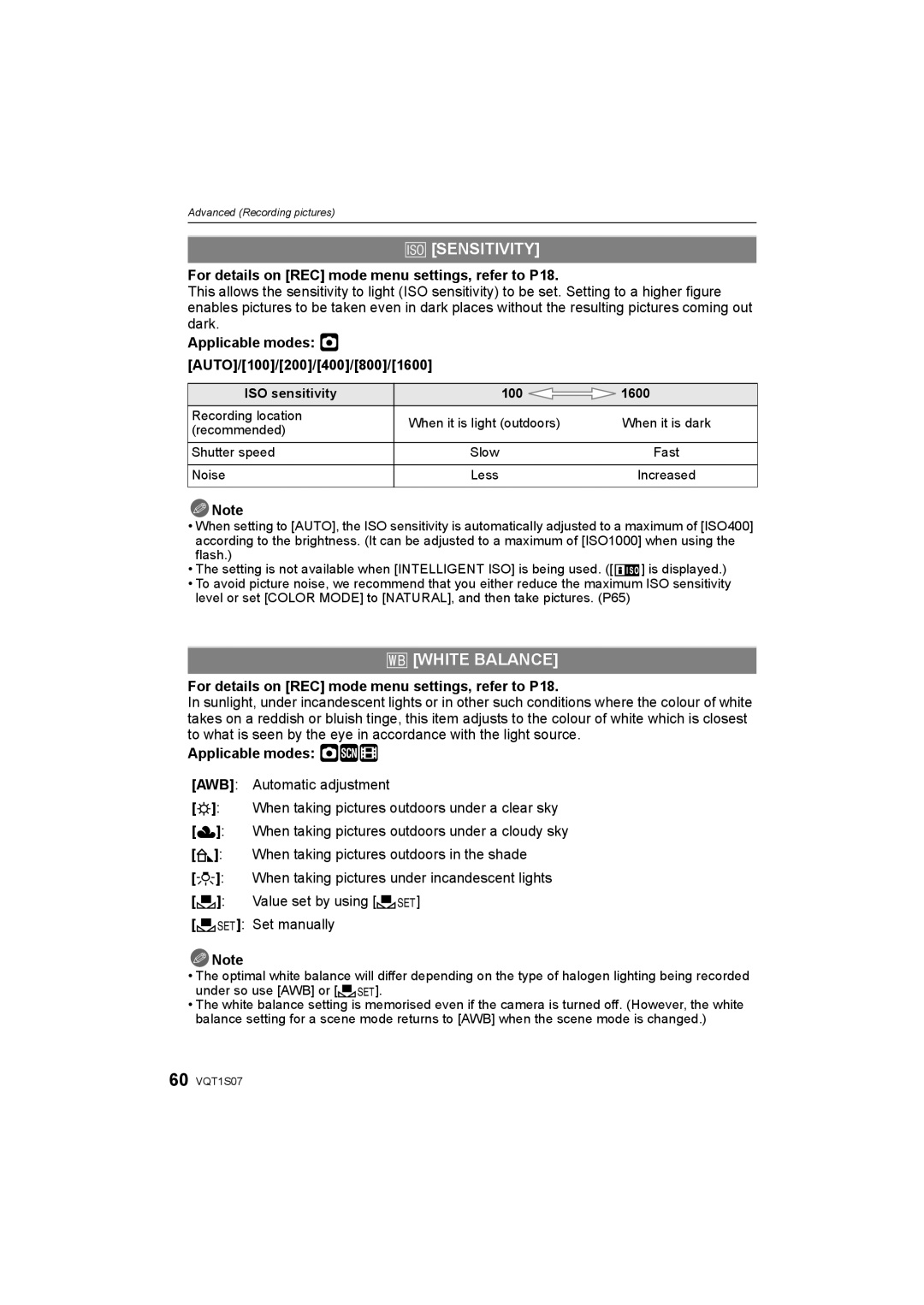 Panasonic DMC-FX38 Sensitivity, = White Balance, Applicable modes · AUTO/100/200/400/800/1600, Applicable modes ·¿n AWB 