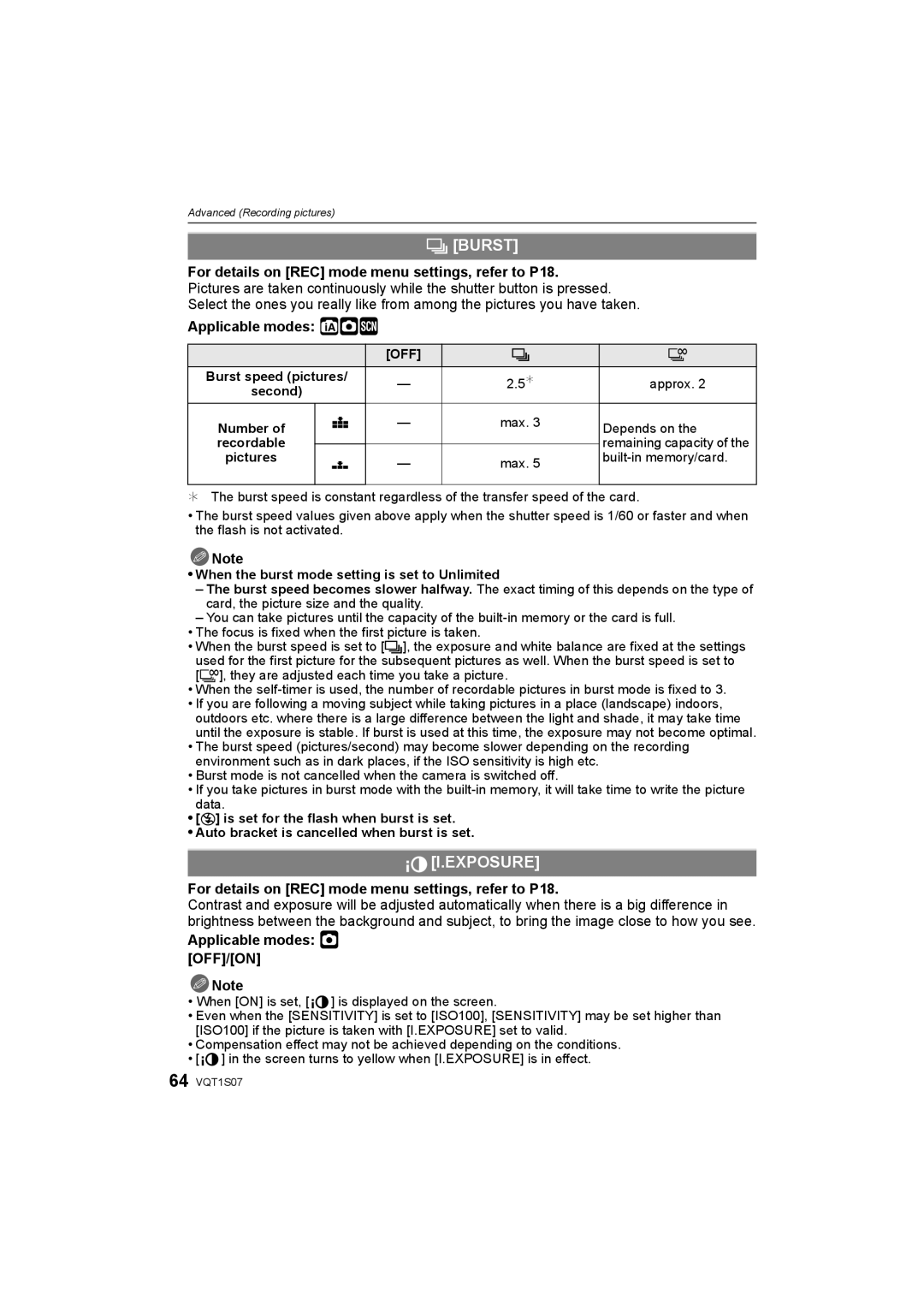 Panasonic DMC-FX38 operating instructions ˜ Burst, Exposure, Applicable modes · OFF/ON Note, Number 