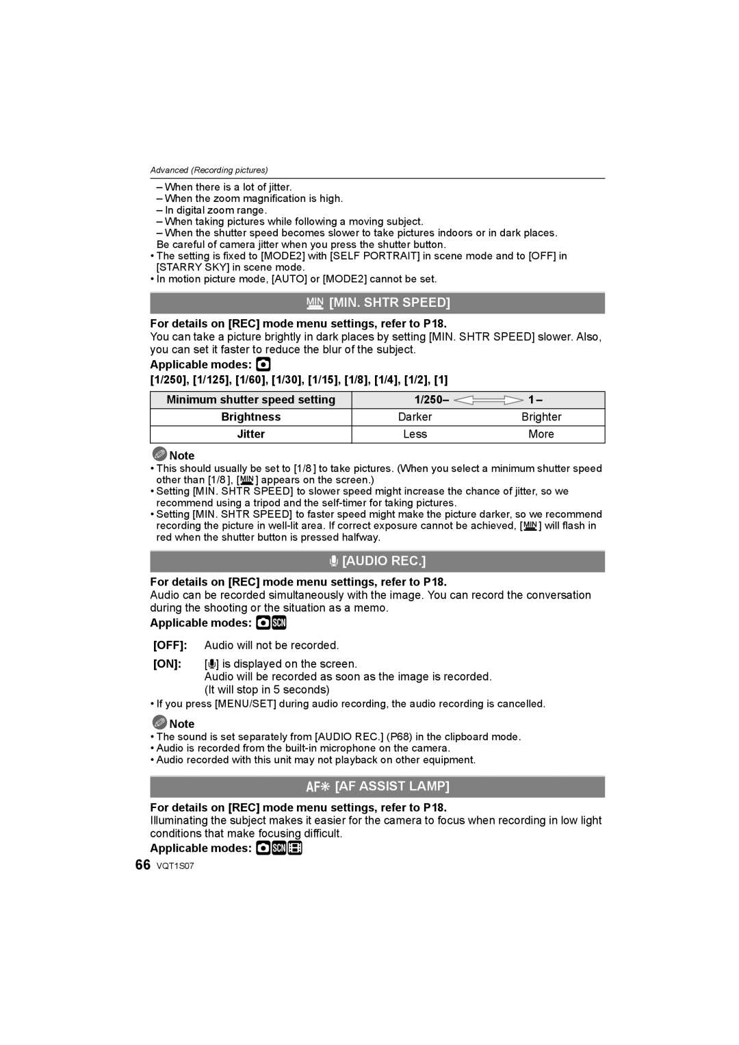 Panasonic DMC-FX38 operating instructions MIN. Shtr Speed, Audio REC, AF Assist Lamp 