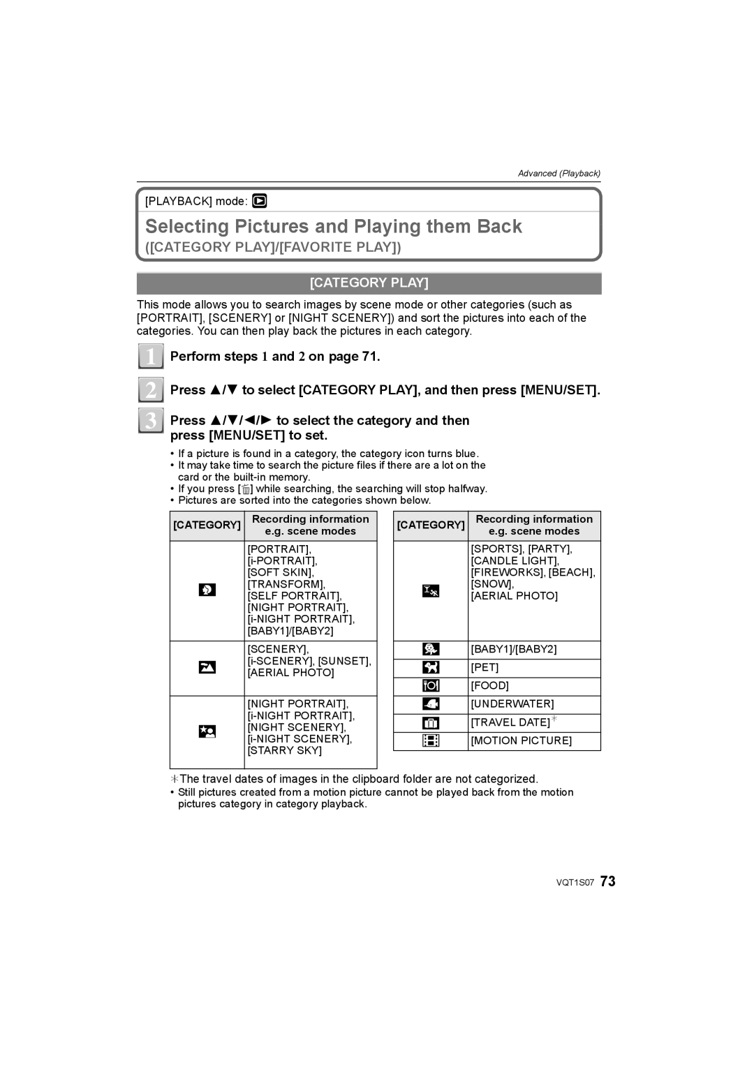 Panasonic DMC-FX38 Selecting Pictures and Playing them Back, Category Play, Recording information, Scene modes 