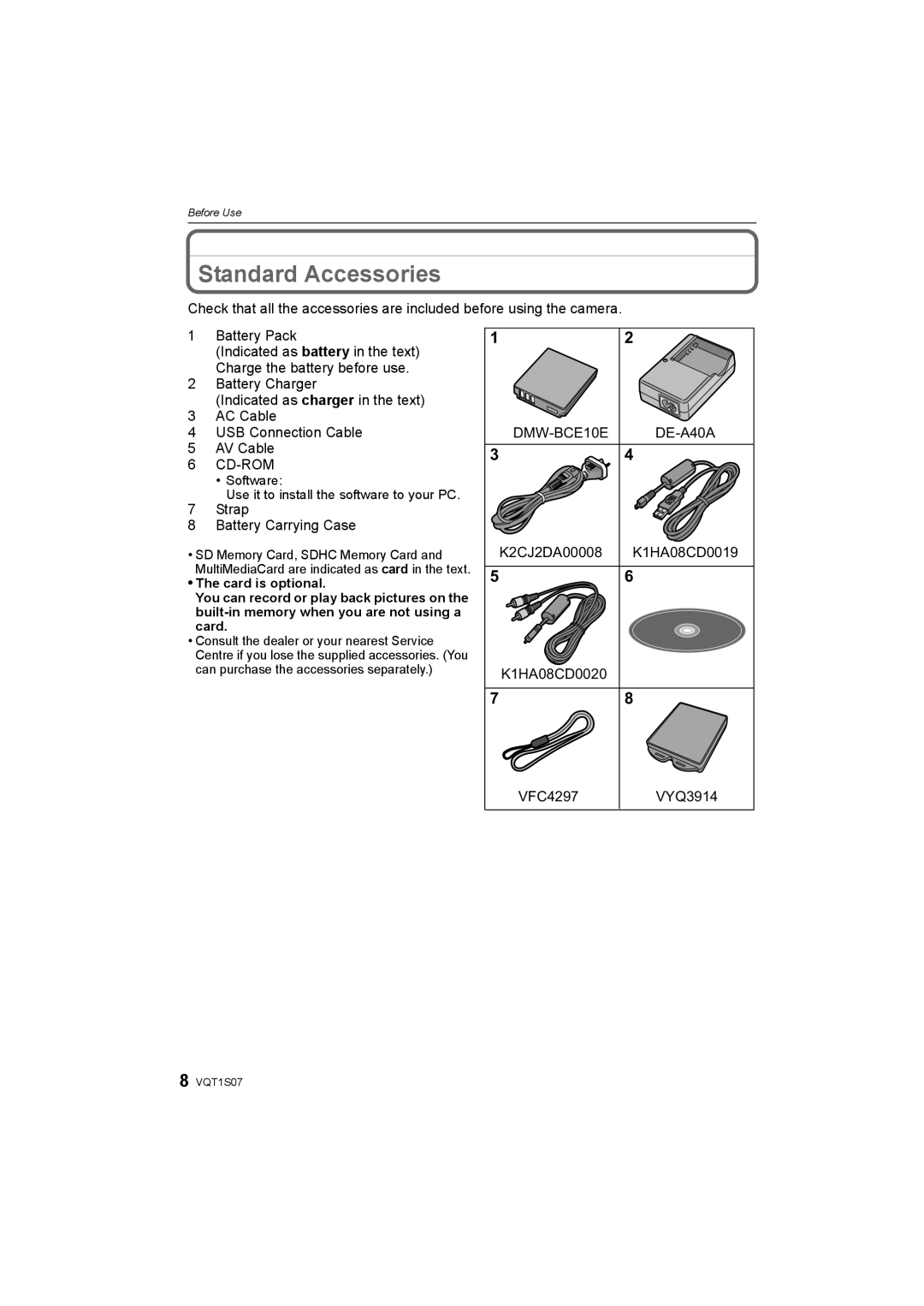 Panasonic DMC-FX38 operating instructions Standard Accessories, Strap Battery Carrying Case, DE-A40A 