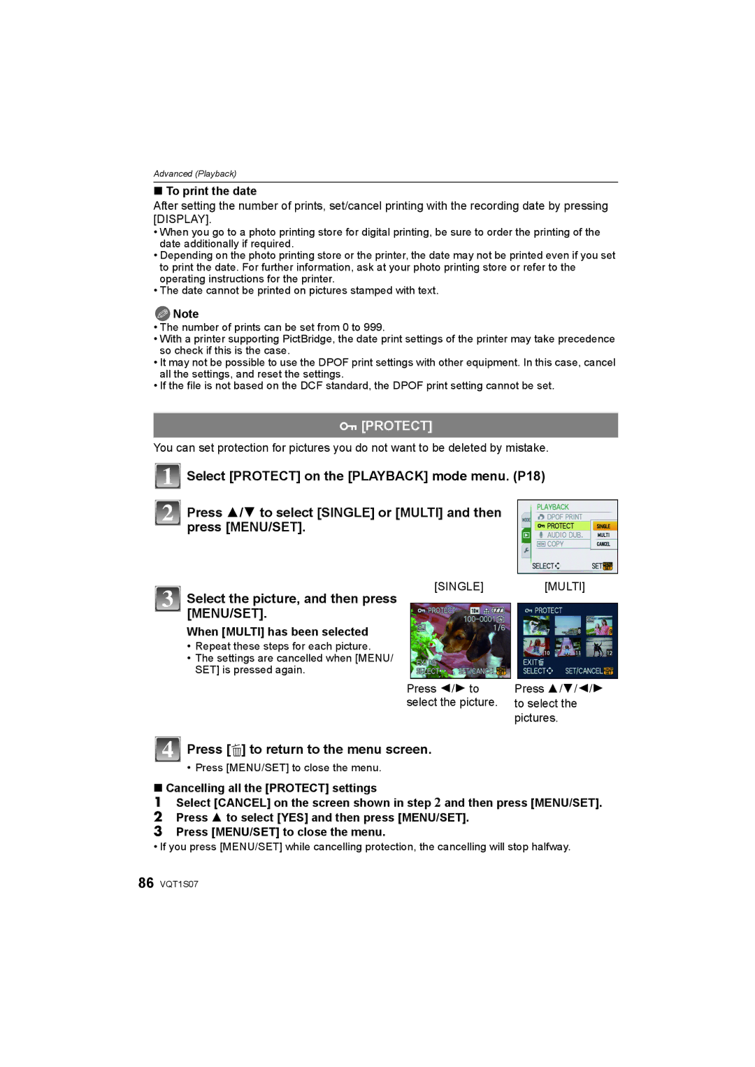 Panasonic DMC-FX38 Protect, To print the date, When Multi has been selected, Press 3/4/2/1 to select the pictures 