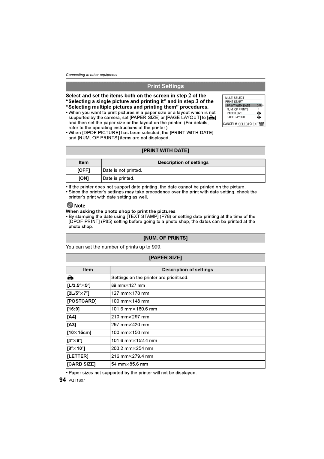 Panasonic DMC-FX38 Print Settings, Print with Date, NUM. of Prints, You can set the number of prints up to, Paper Size 