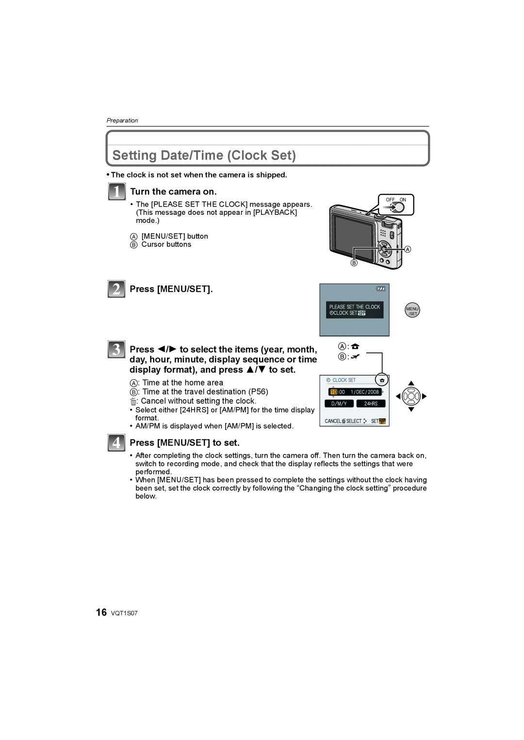 Panasonic DMC-FX38 operating instructions Setting Date/Time Clock Set, Turn the camera on, Press MENU/SET to set 
