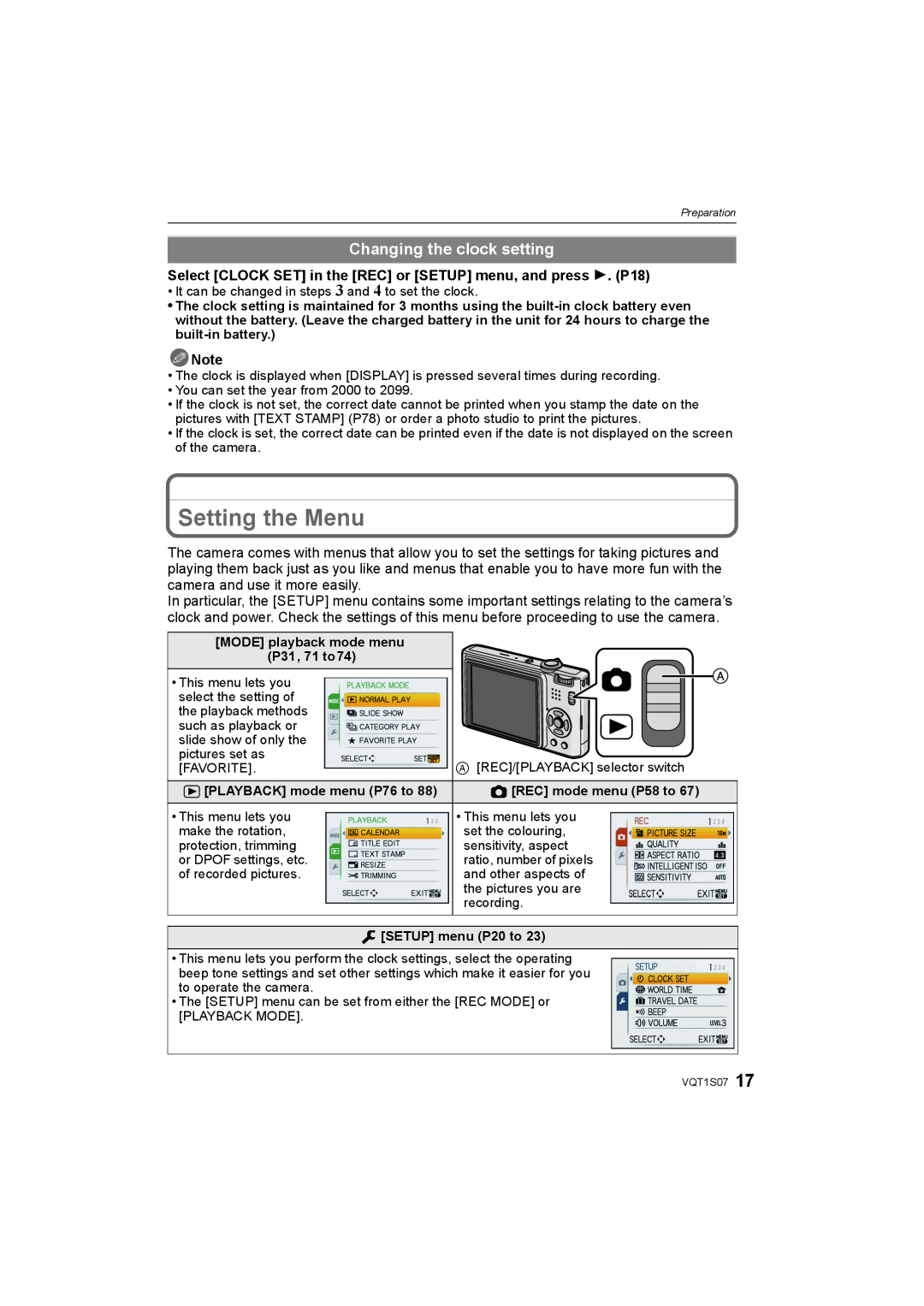 Panasonic DMC-FX38 operating instructions Setting the Menu, Changing the clock setting 