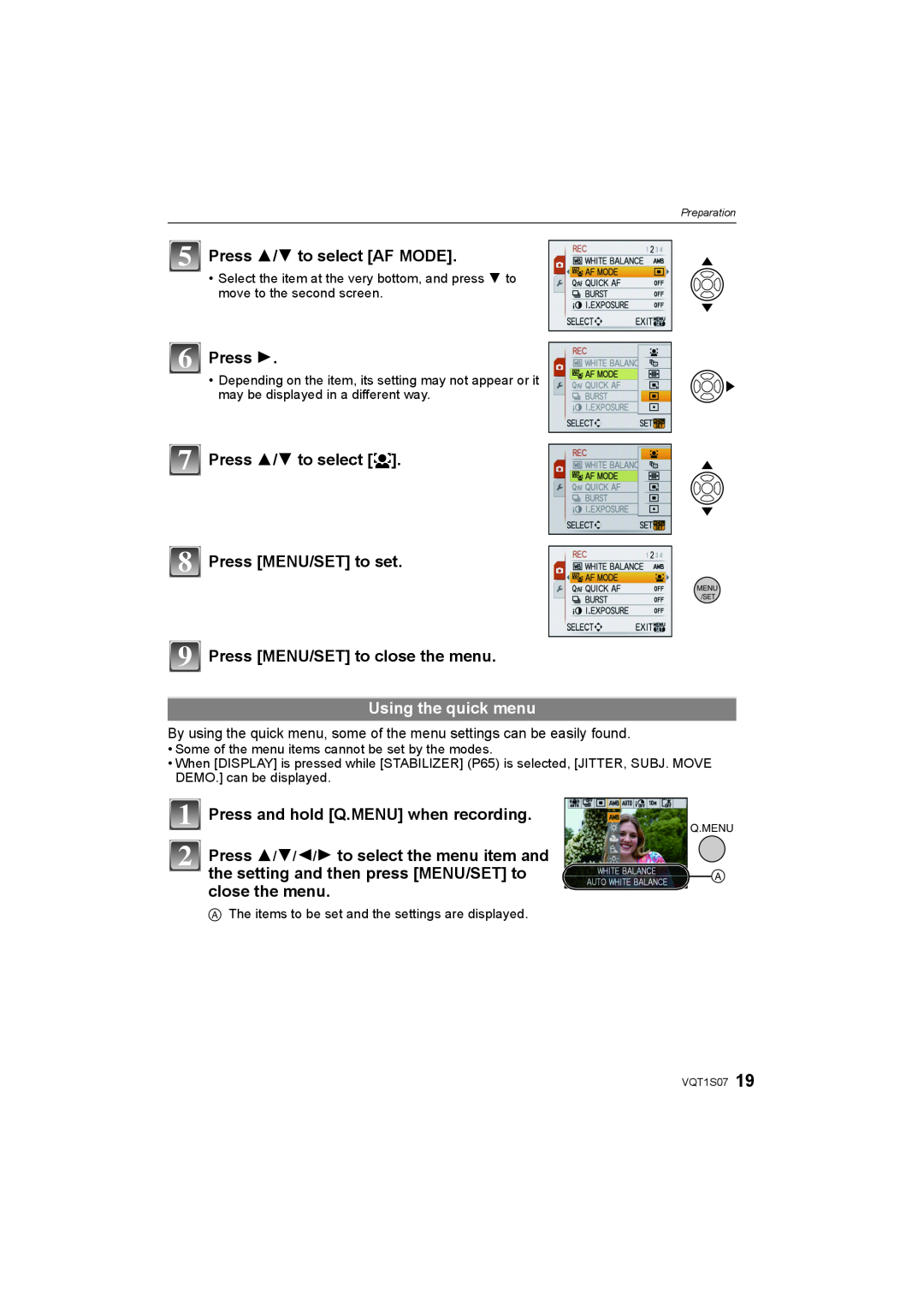 Panasonic DMC-FX38 Press 3/4 to select AF MODE, Press 3/4 to select š Press MENU/SET to set, Using the quick menu 