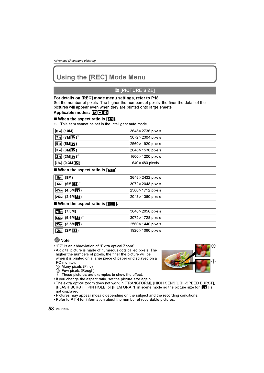 Panasonic DMC-FX38 Using the REC Mode Menu, @ Picture Size, For details on REC mode menu settings, refer to P18 