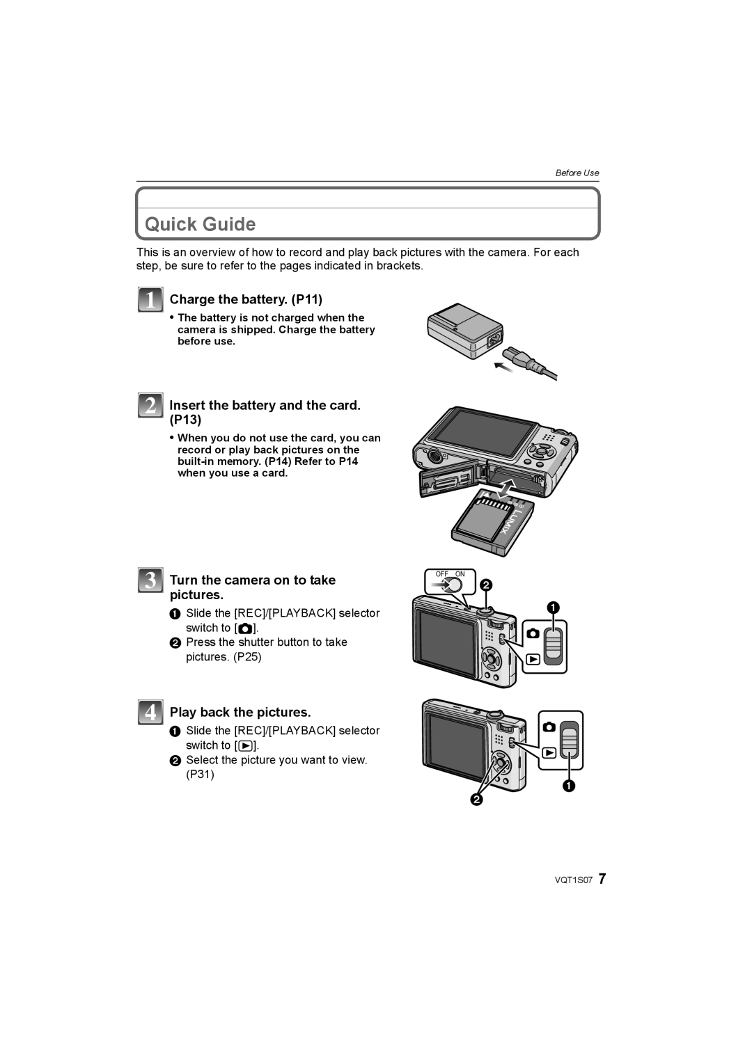Panasonic DMC-FX38 Quick Guide, Charge the battery. P11, Insert the battery and the card, Play back the pictures 