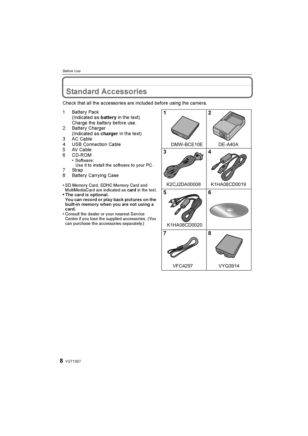 Panasonic DMC-FX38 operating instructions Standard Accessories 