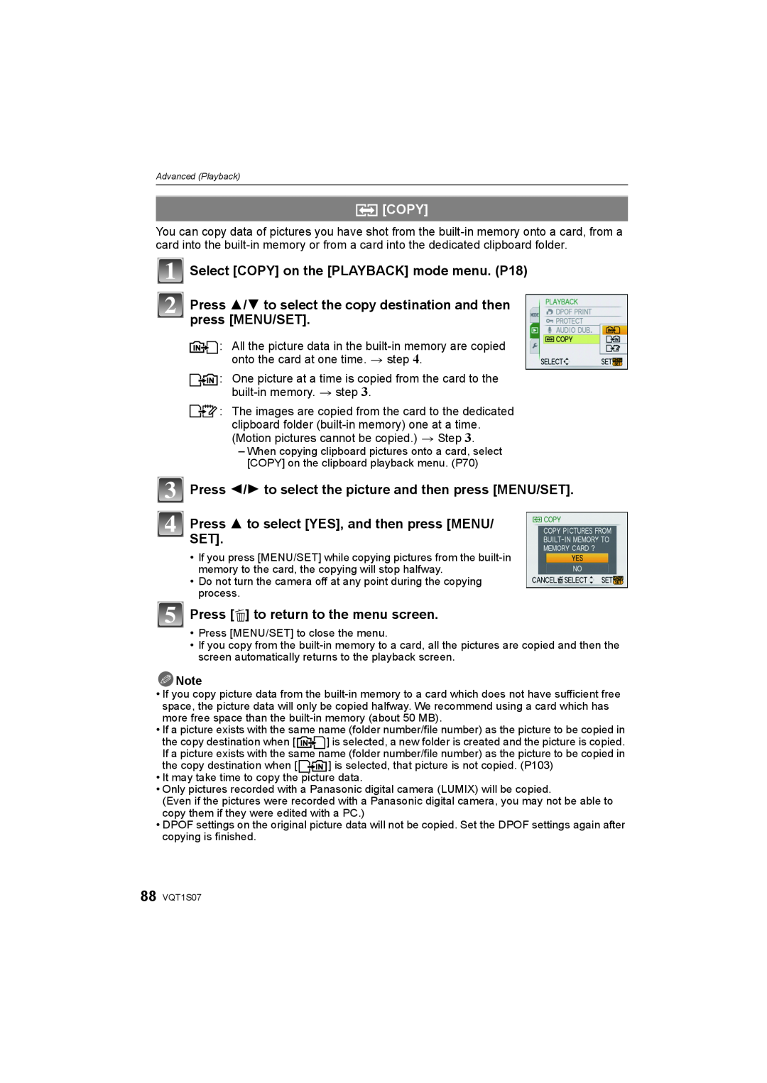 Panasonic DMC-FX38 S Copy, Select COPY on the PLAYBACK mode menu. P18, Press 3 to select YES, and then press MENU 