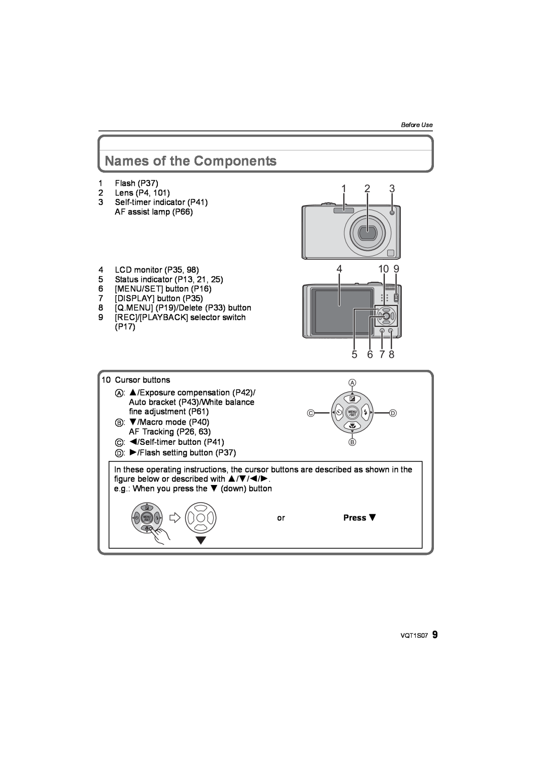 Panasonic DMC-FX38 operating instructions Names of the Components, 5 6 7, Press 