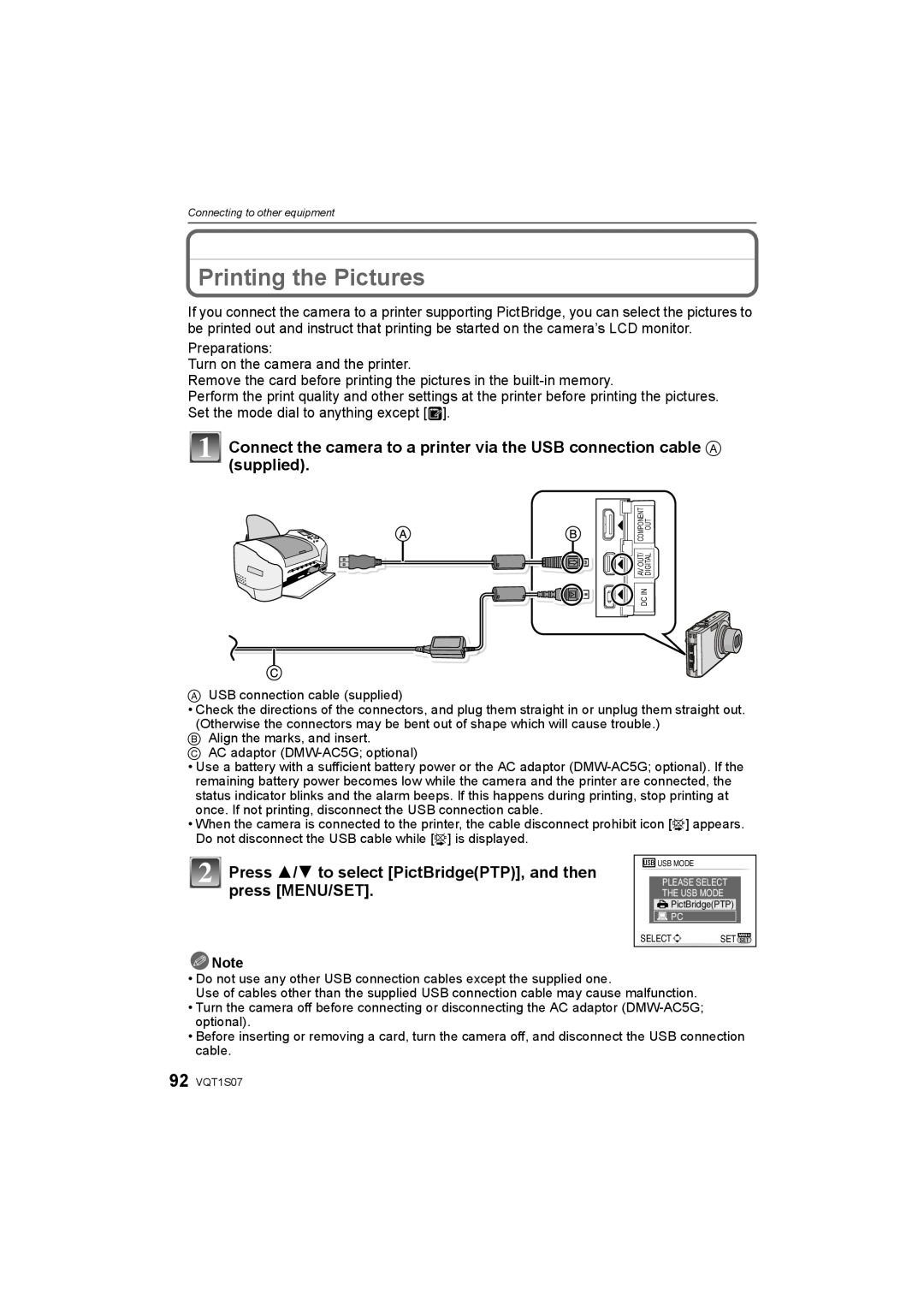 Panasonic DMC-FX38 Printing the Pictures, Connect the camera to a printer via the USB connection cable A, supplied 