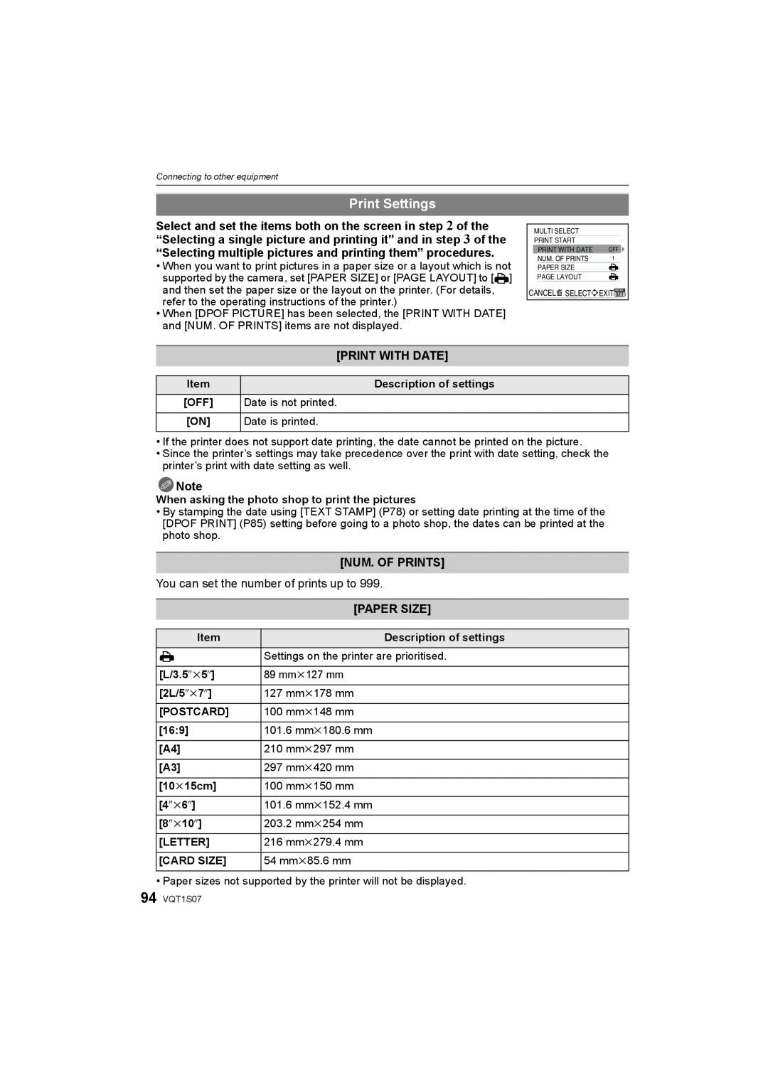 Panasonic DMC-FX38 Print Settings, Print With Date, Num. Of Prints, You can set the number of prints up to, Paper Size 