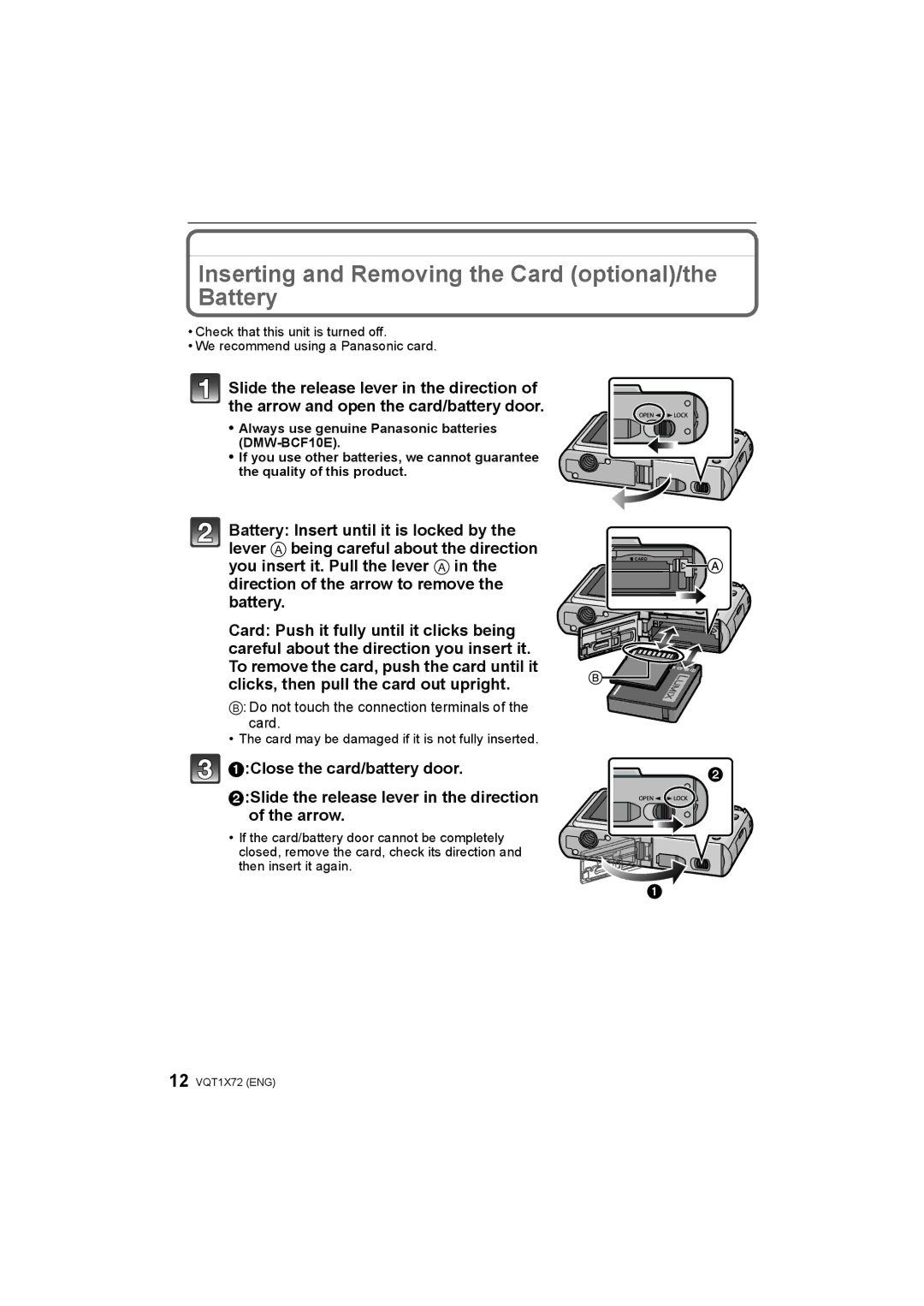 Panasonic DMC-FX40/DMC-FX48 operating instructions Inserting and Removing the Card optional/the Battery 