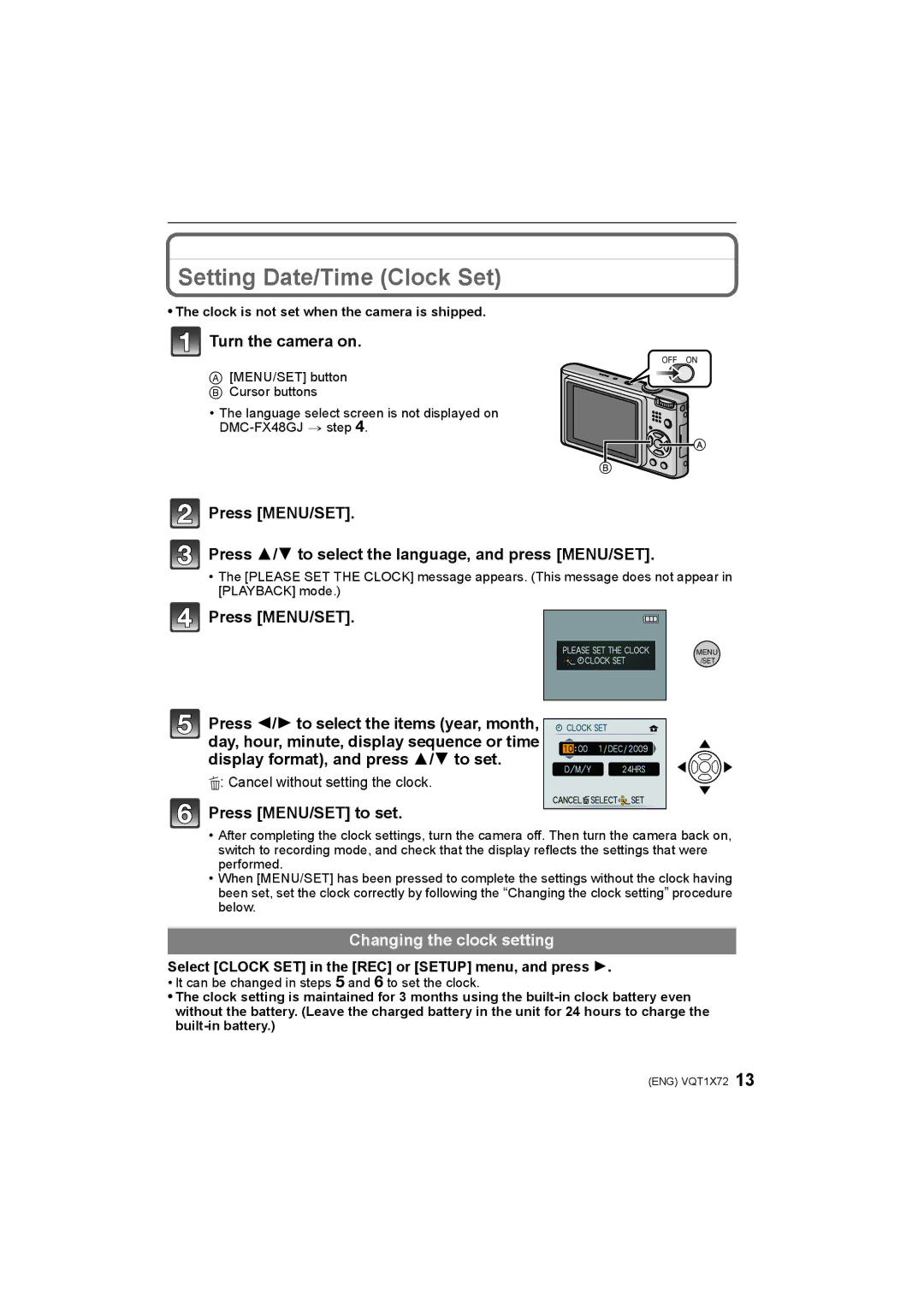 Panasonic DMC-FX40/DMC-FX48 Setting Date/Time Clock Set, Turn the camera on, Press MENU/SET to set 