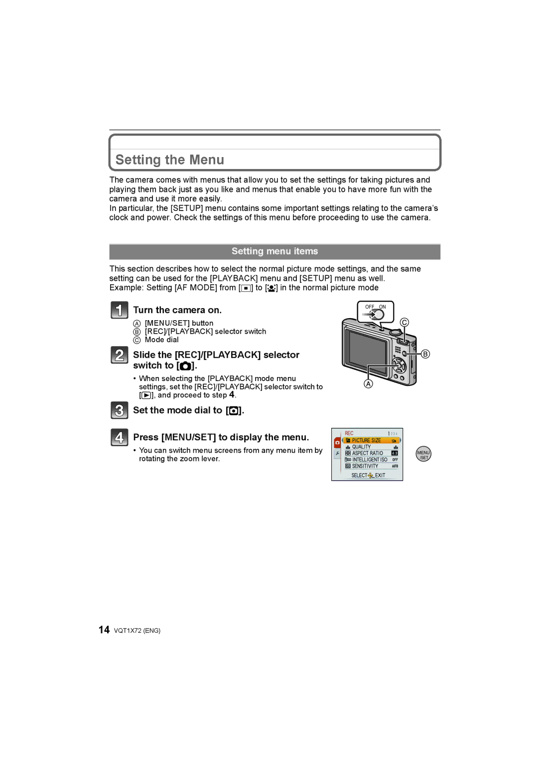 Panasonic DMC-FX40/DMC-FX48 Setting the Menu, Setting menu items, Slide the REC/PLAYBACK selector switch to 