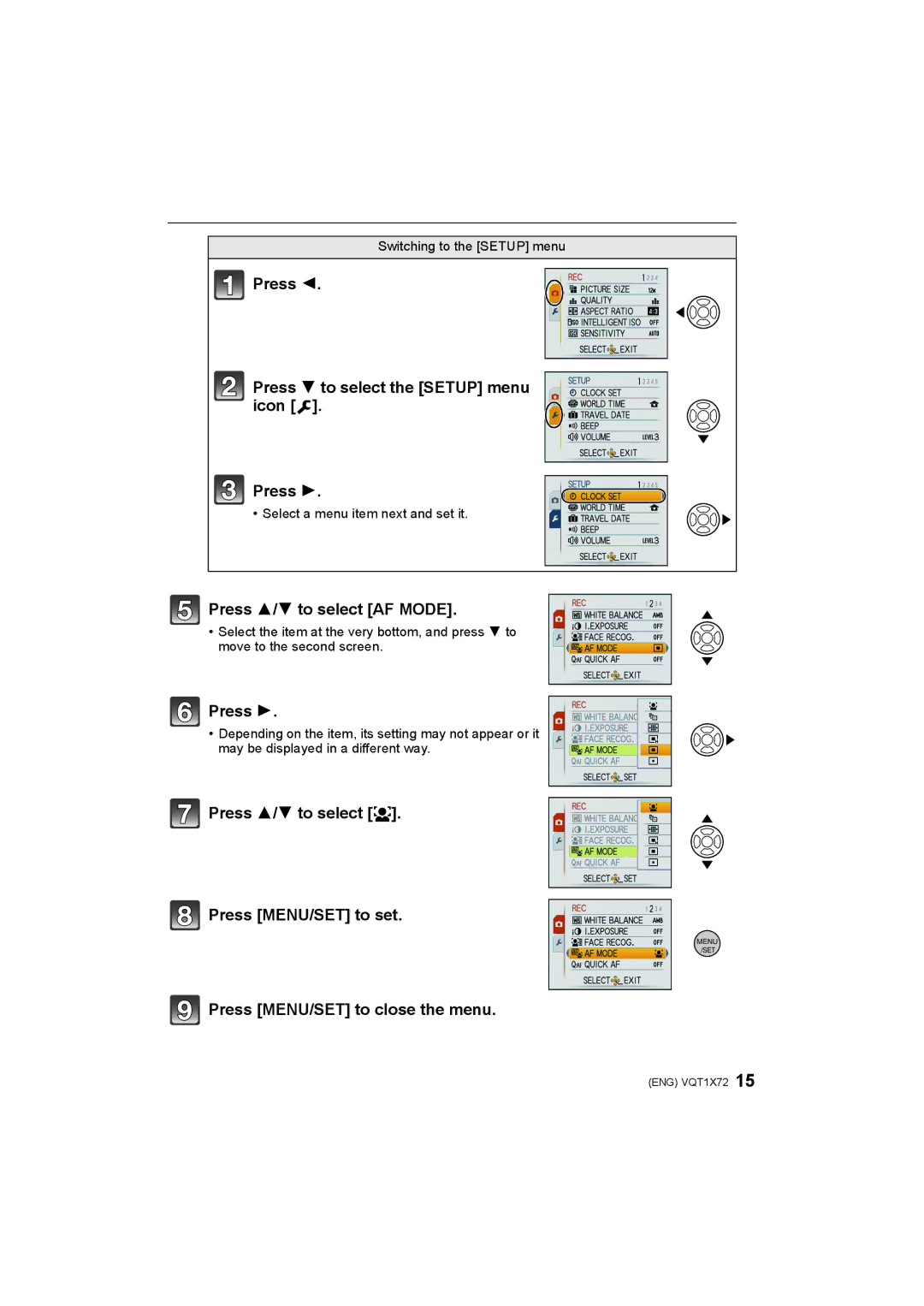 Panasonic DMC-FX40/DMC-FX48 operating instructions Press Press 4 to select the Setup menu icon, Press 3/4 to select AF Mode 