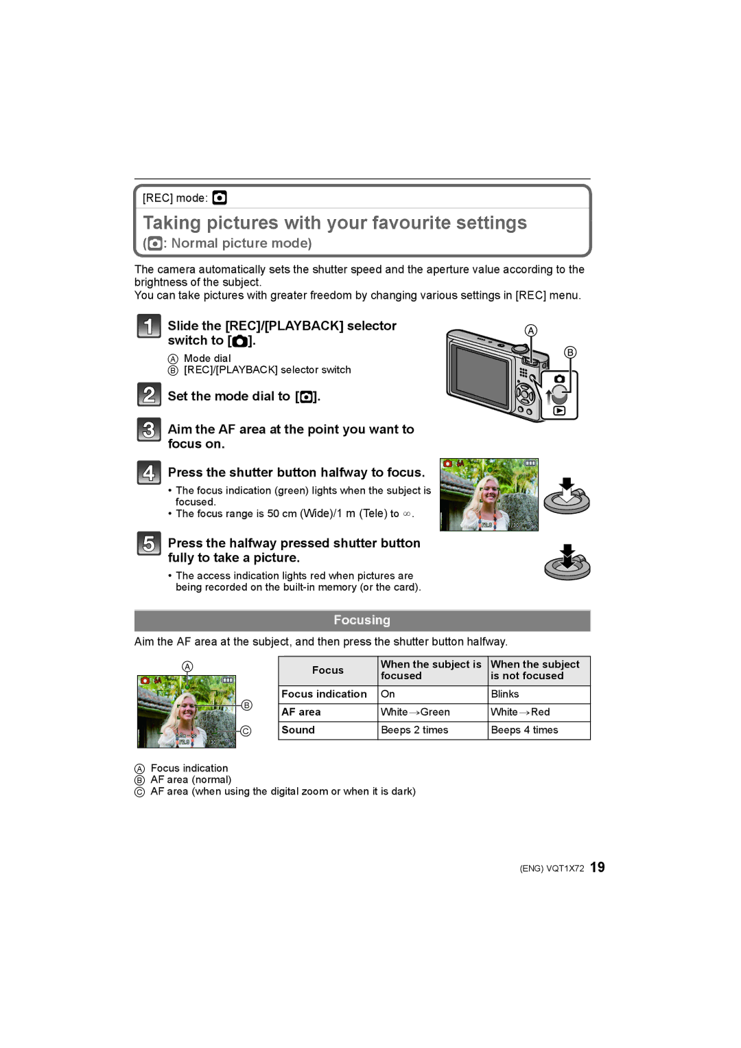 Panasonic DMC-FX40/DMC-FX48 operating instructions Taking pictures with your favourite settings, Focusing, REC mode · 