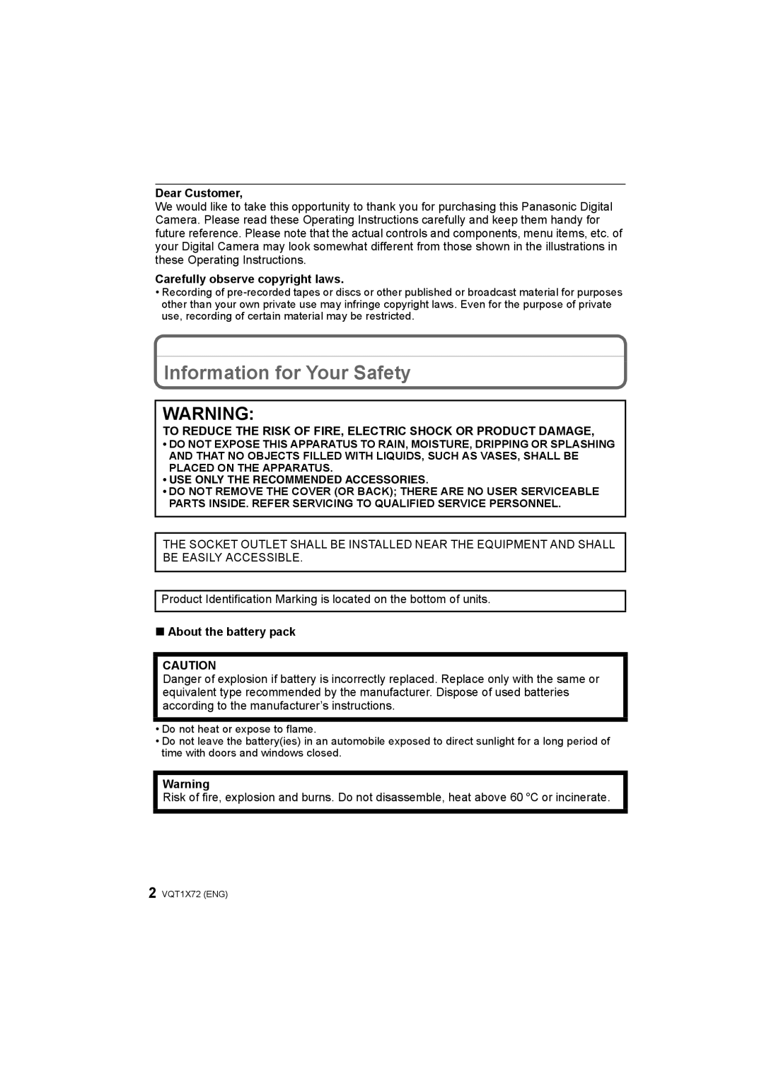 Panasonic DMC-FX40/DMC-FX48 Information for Your Safety, Dear Customer, Carefully observe copyright laws 