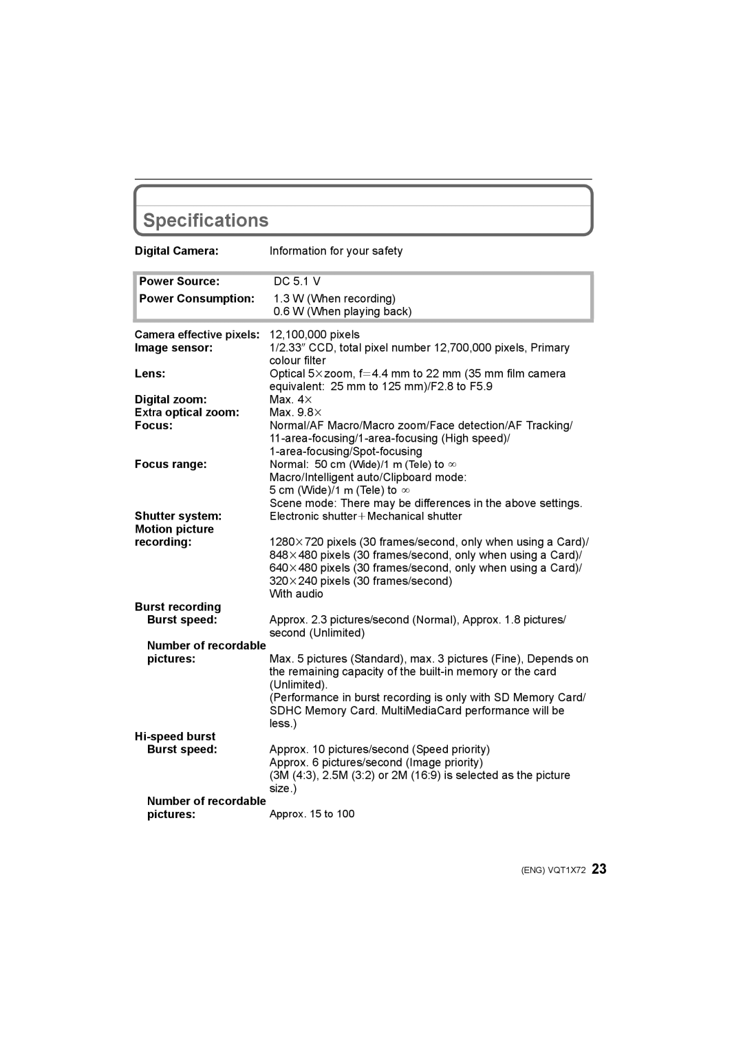 Panasonic DMC-FX40/DMC-FX48 operating instructions Specifications 