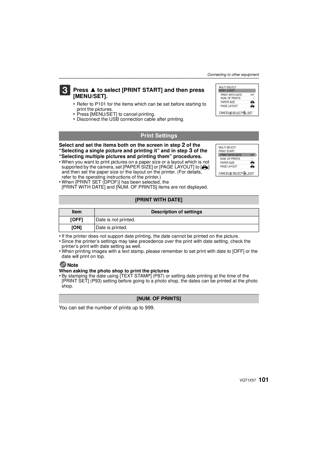 Panasonic DMC-FX48 Print Settings, Print with Date, NUM. of Prints, You can set the number of prints up to 