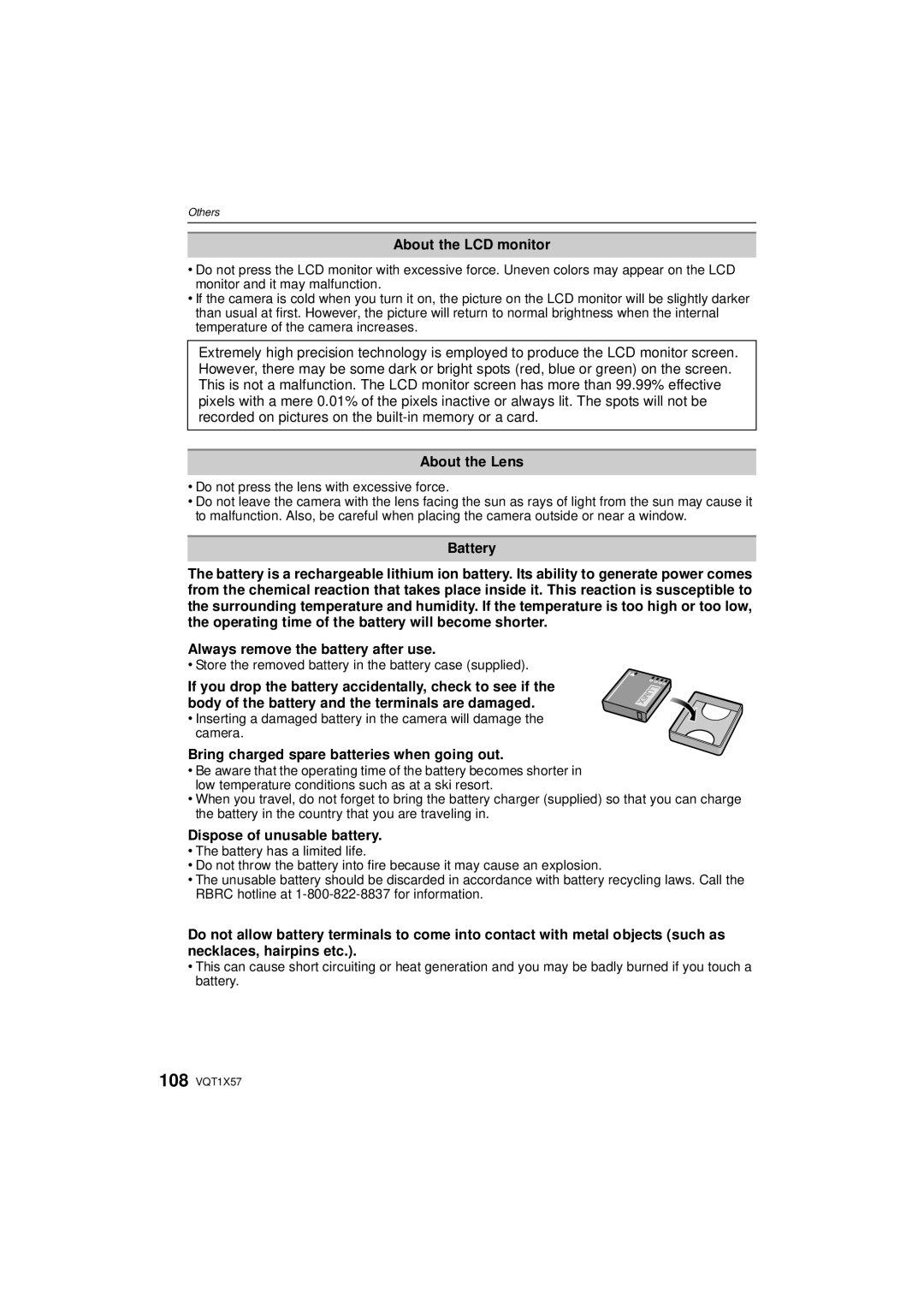 Panasonic DMC-FX48 About the LCD monitor, About the Lens, Battery, Always remove the battery after use 