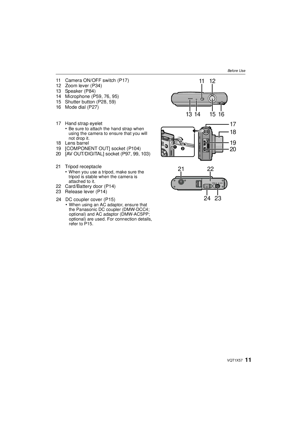 Panasonic DMC-FX48 operating instructions Card/Battery door P14 Release lever P14 DC coupler cover P15 