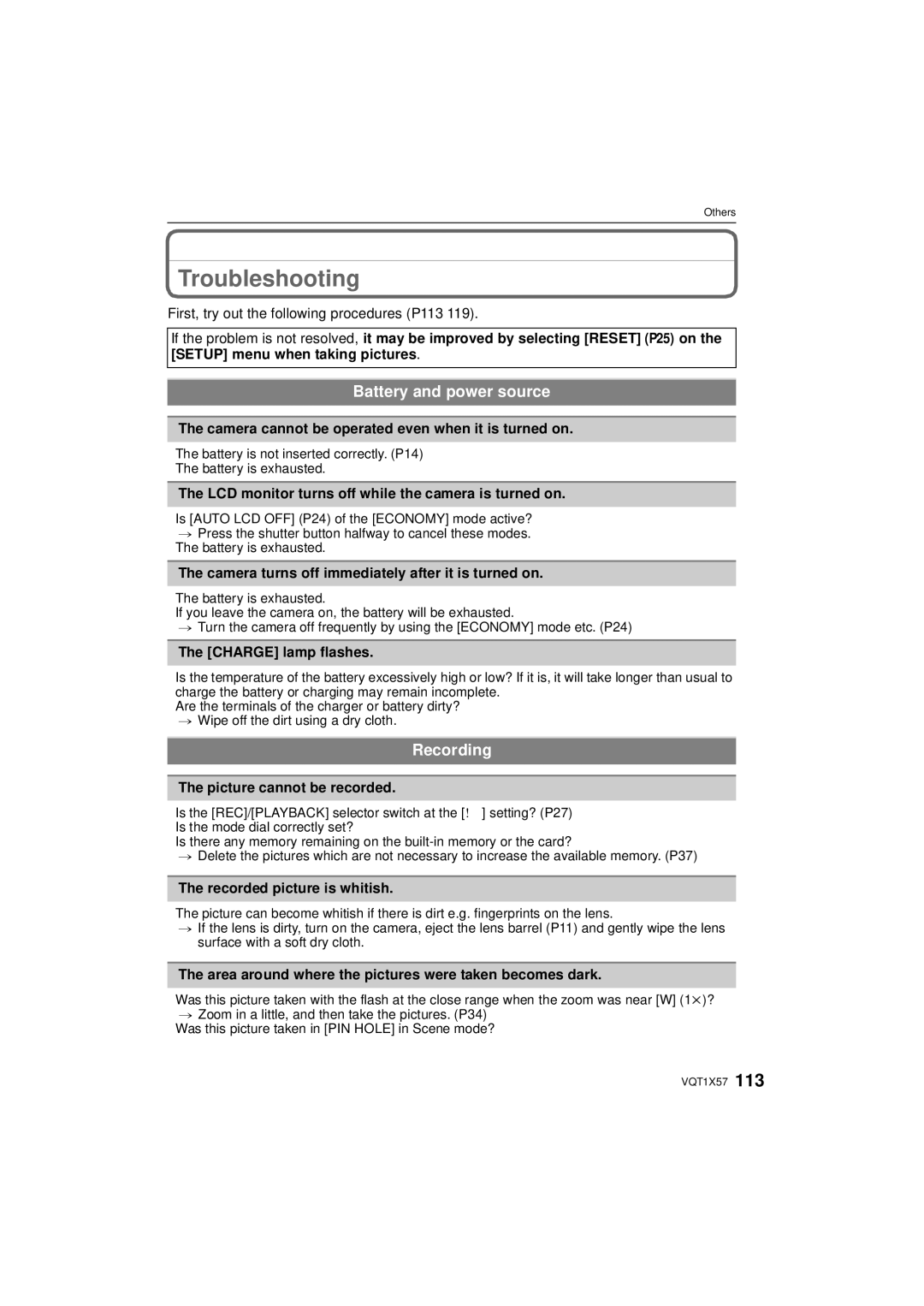 Panasonic DMC-FX48 operating instructions Troubleshooting, Battery and power source, Recording 