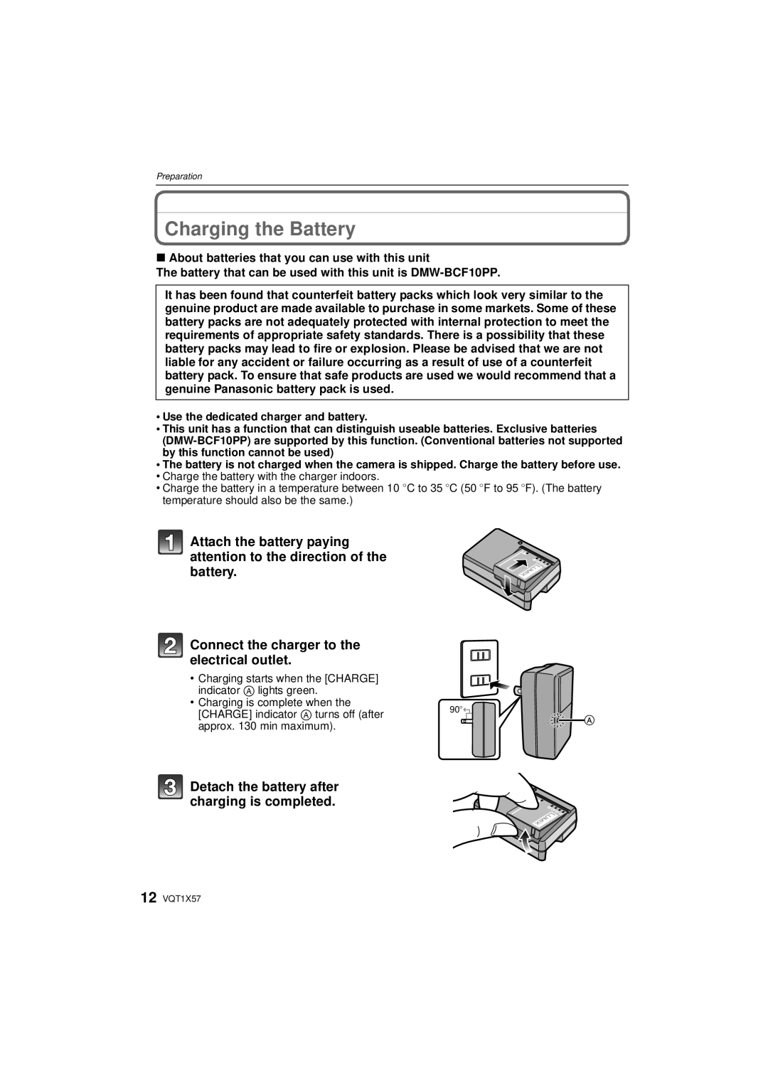 Panasonic DMC-FX48 Charging the Battery, Detach the battery after charging is completed, Approx min maximum 