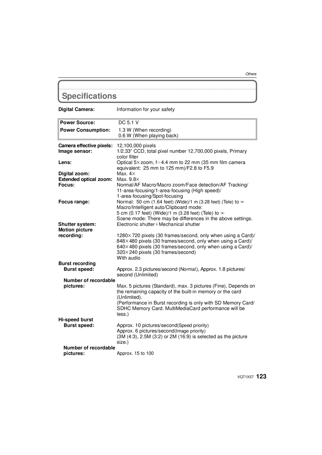 Panasonic DMC-FX48 operating instructions Specifications 