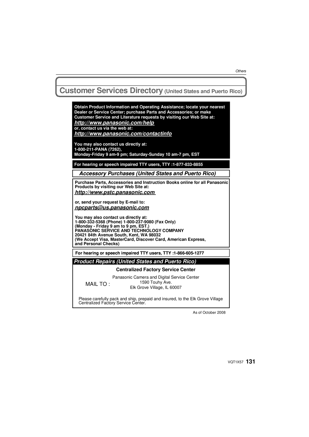 Panasonic DMC-FX48 Customer Services Directory United States and Puerto Rico, Centralized Factory Service Center 