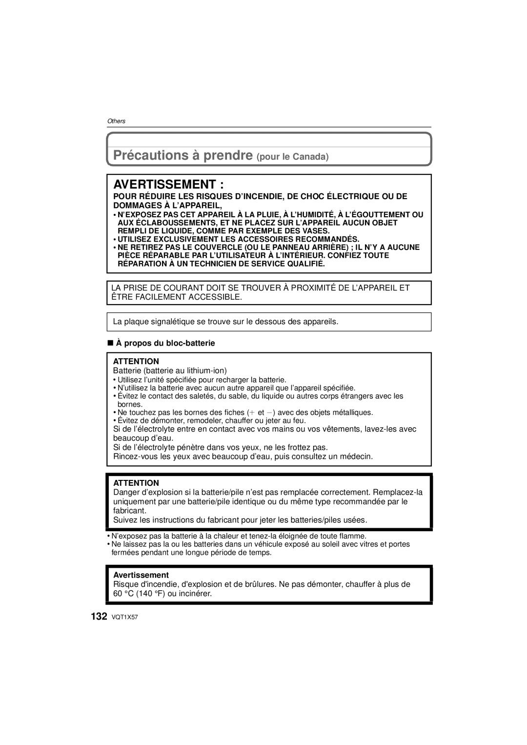 Panasonic DMC-FX48 Précautions à prendre pour le Canada, Propos du bloc-batterie, Batterie batterie au lithium-ion 