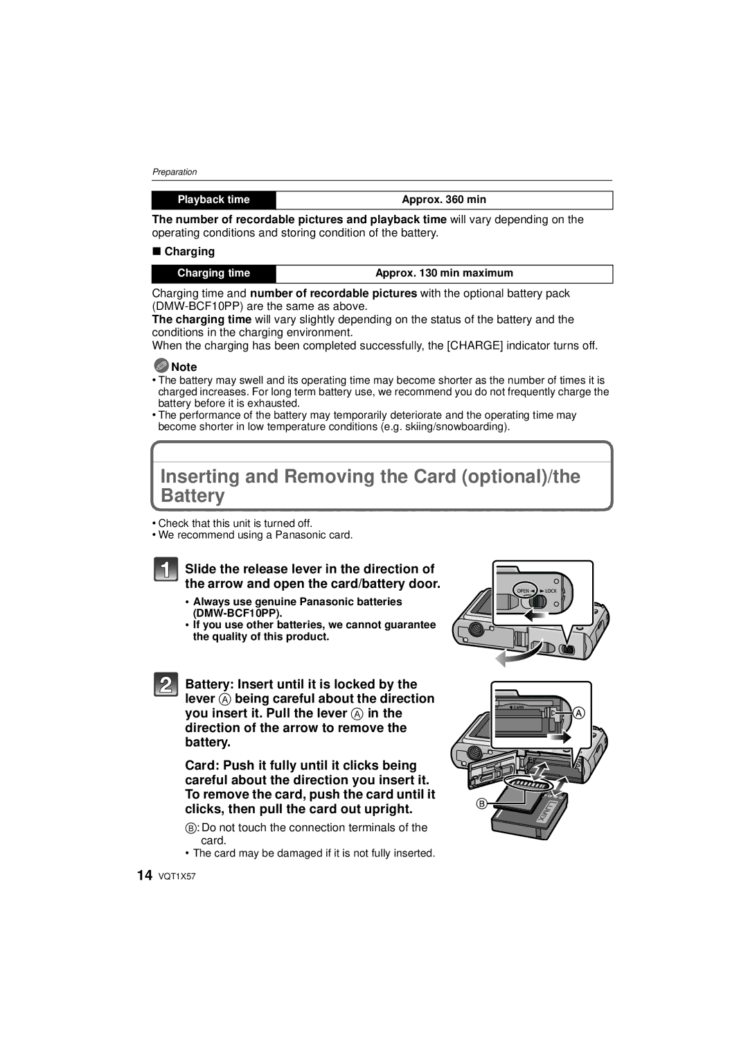 Panasonic DMC-FX48 Inserting and Removing the Card optional/the Battery, Do not touch the connection terminals of the card 