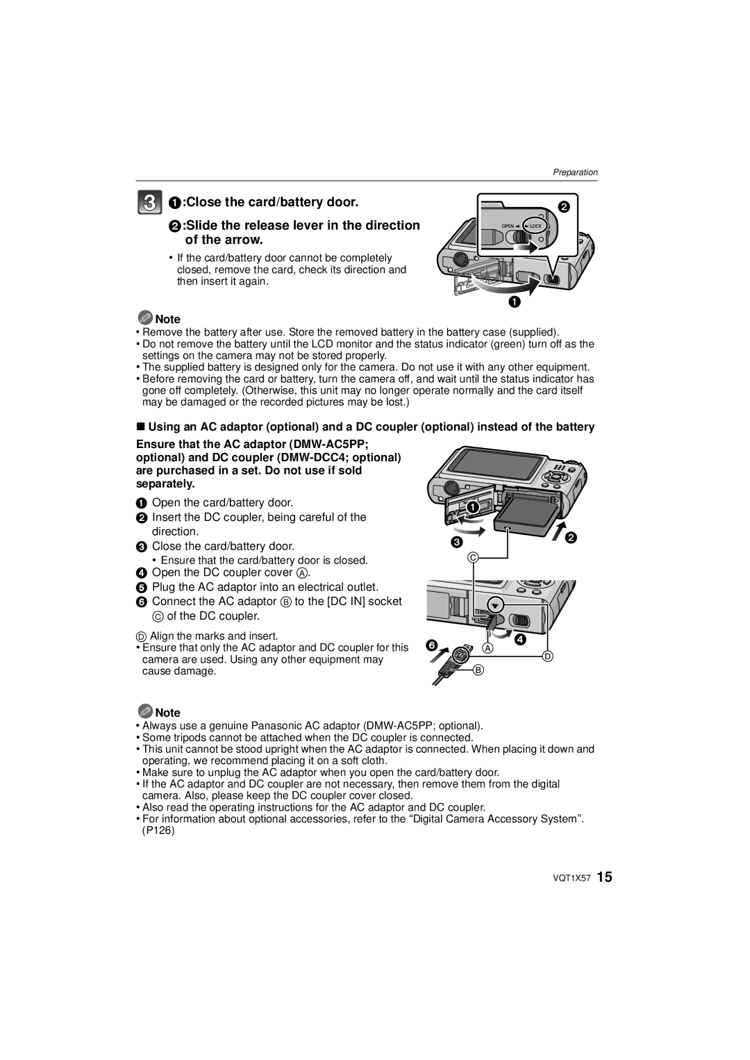 Panasonic DMC-FX48 operating instructions Ensure that the card/battery door is closed, Align the marks and insert 