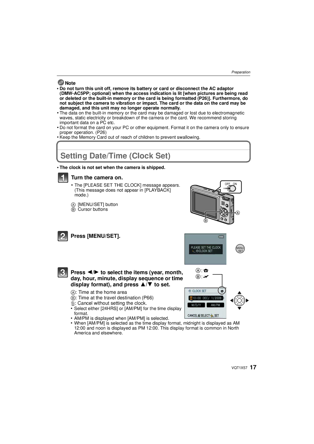 Panasonic DMC-FX48 Setting Date/Time Clock Set, Turn the camera on, Clock is not set when the camera is shipped 