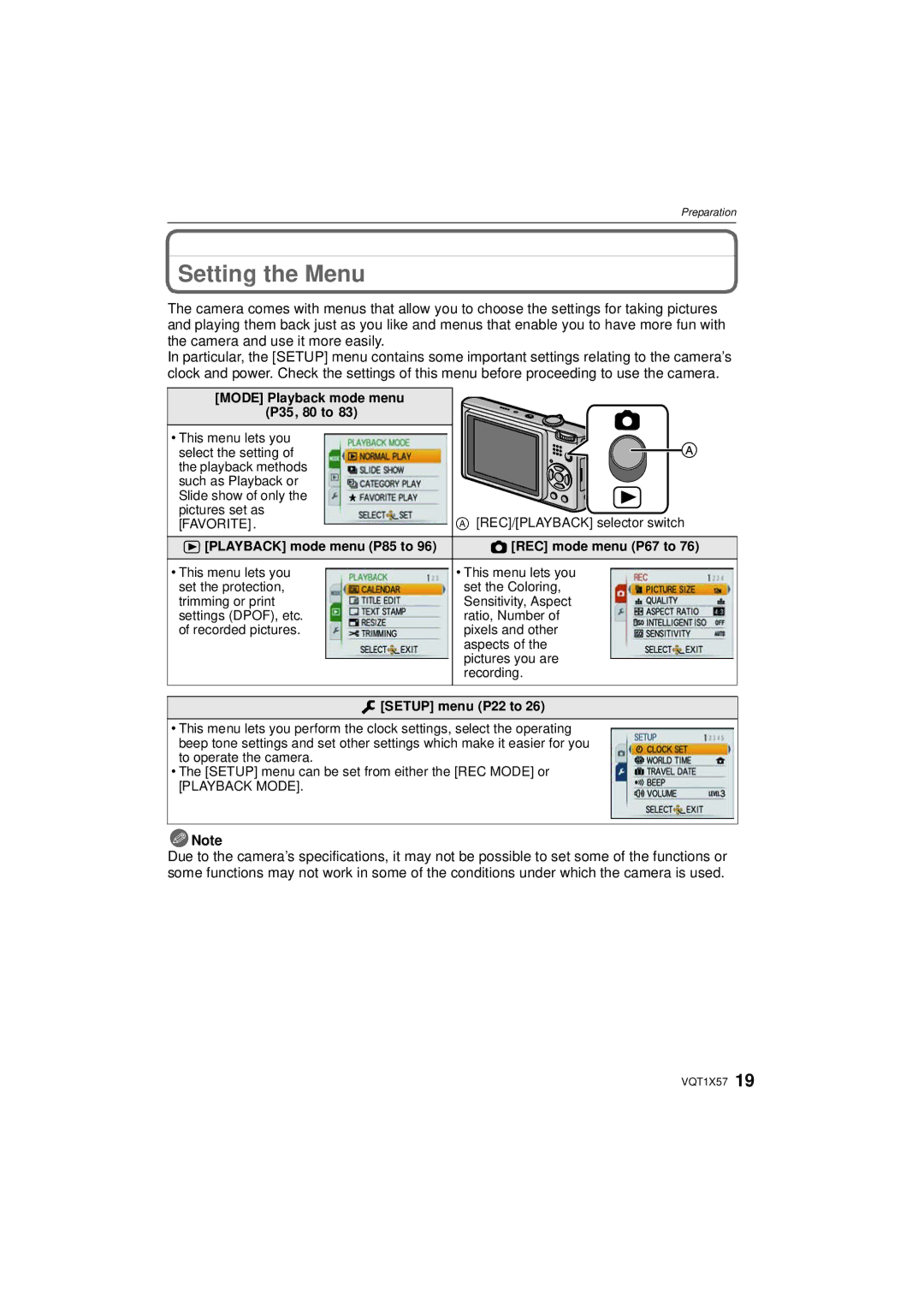 Panasonic DMC-FX48 Setting the Menu, Mode Playback mode menu P35, 80 to, Playback mode menu P85 to REC mode menu P67 to 