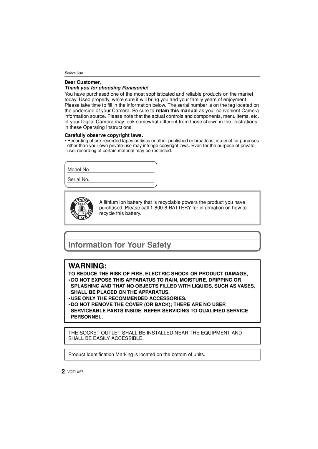 Panasonic DMC-FX48 operating instructions Information for Your Safety, Dear Customer, Carefully observe copyright laws 