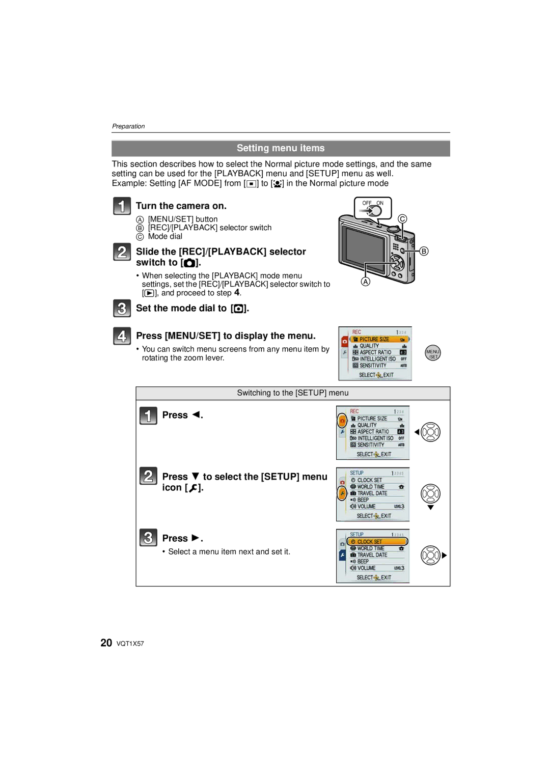 Panasonic DMC-FX48 operating instructions Setting menu items, Slide the REC/PLAYBACK selector switch to 