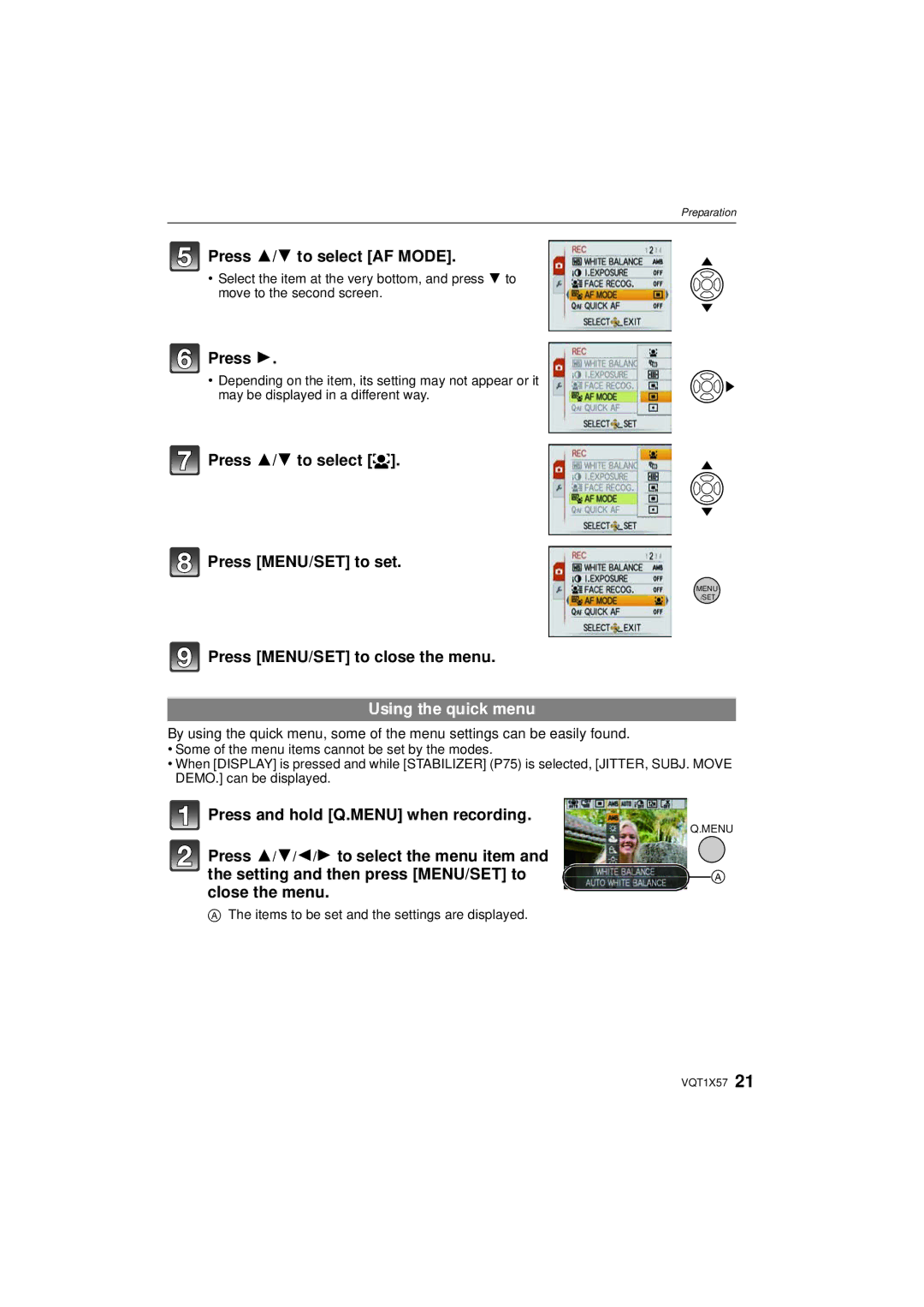 Panasonic DMC-FX48 Press 3/4 to select AF Mode, Press 3/4 to select š Press MENU/SET to set, Using the quick menu 