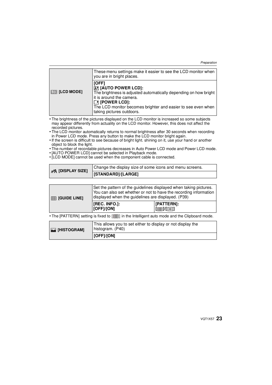 Panasonic DMC-FX48 operating instructions OFF „ Auto Power LCD, … Power LCD, Standard/Large, REC. Info Pattern, Off/On 