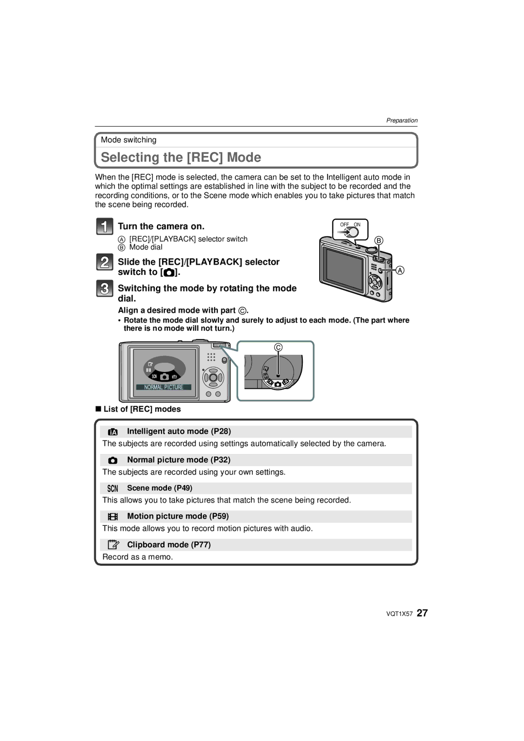 Panasonic DMC-FX48 operating instructions Selecting the REC Mode 