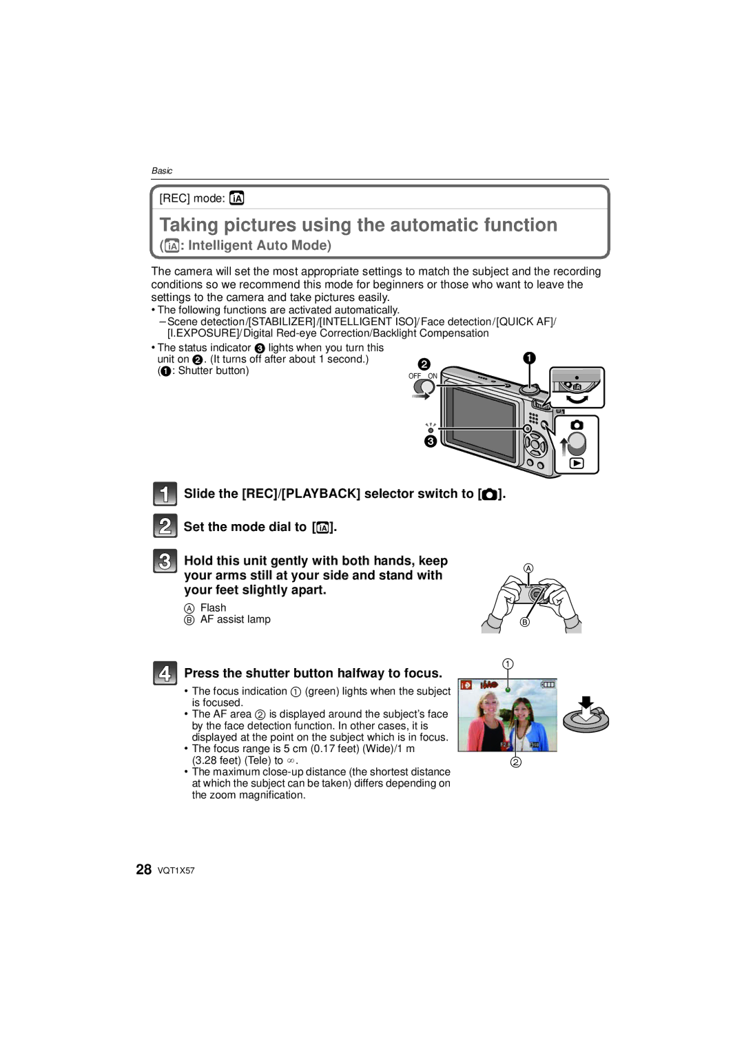 Panasonic DMC-FX48 Taking pictures using the automatic function, Press the shutter button halfway to focus, REC mode ñ 