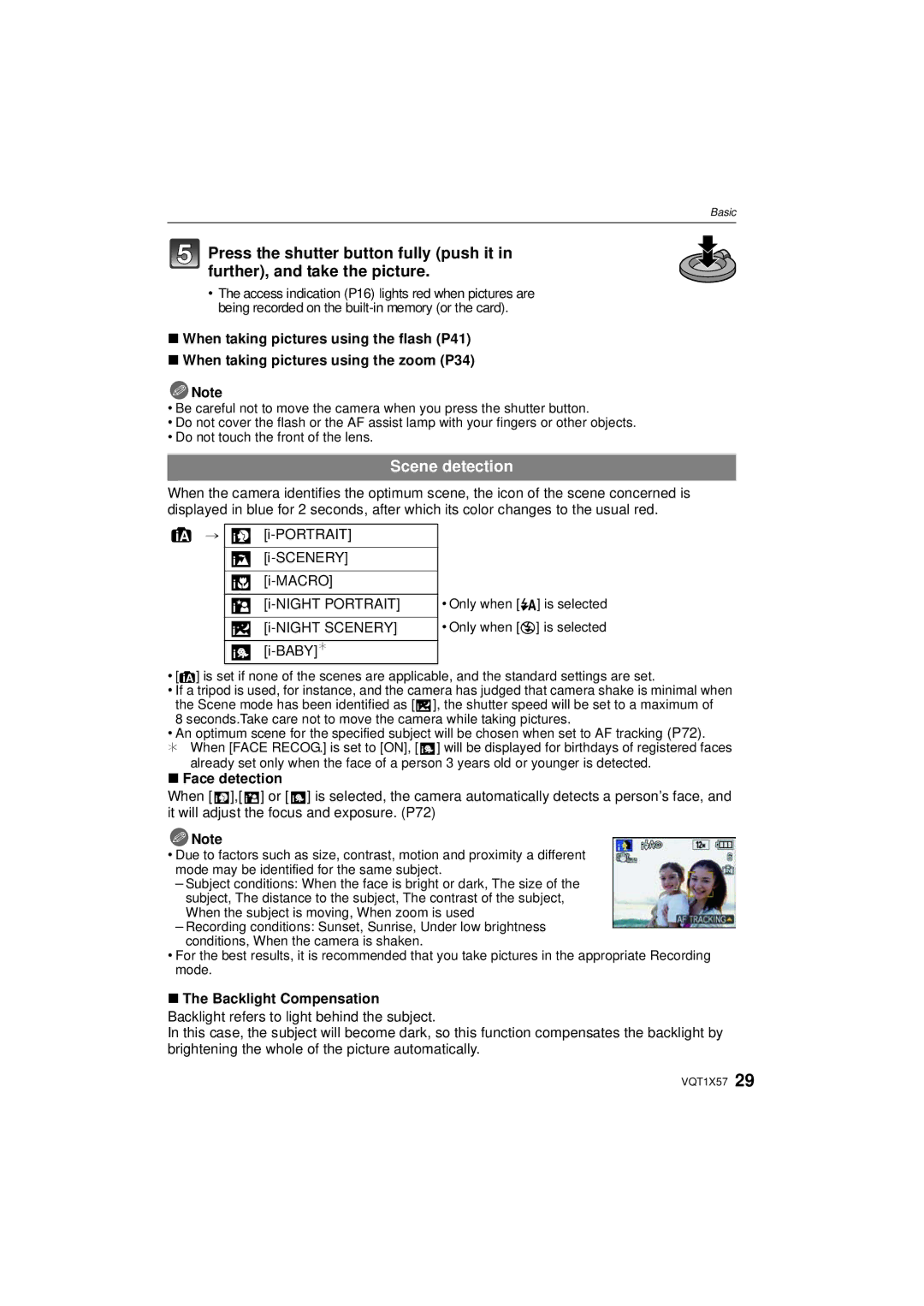 Panasonic DMC-FX48 operating instructions Scene detection, Face detection, Backlight Compensation 